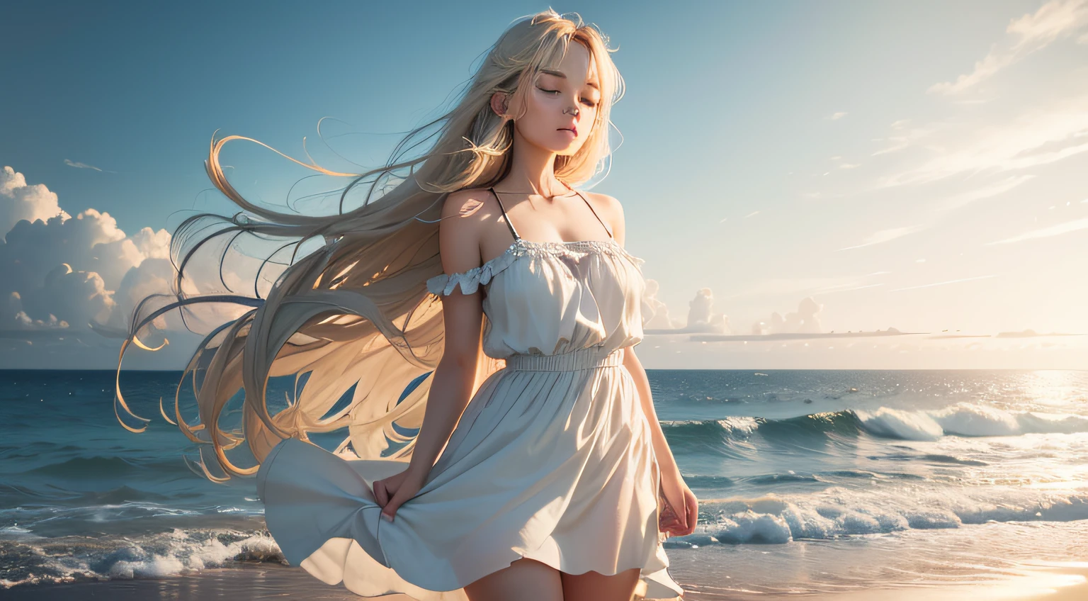 solo,1girl,(cowboy shot:1.1),(a girl standing on the beach Facing the sea:1.1),bare arms,looking at the viewer,blue sky,(arms behind back:1.1),(hands behind back:1.1),white cloud,wearing brown sundress,bare foot,long hair,blonde hair,closed eyes,best quality,masterpiece,illustration,an extremely delicate and beautiful,extremely detailed,CG,unity,8k wallpaper,Amazing,finely detail,masterpiece,best quality,official art,extremely detailed CG unity 8k wallpaper,absurdres,incredibly absurdres,huge filesize,ultra-detailed,highres,extremely detailed,beautiful detailed girl,extremely detailed eyes and face,beautiful face,beautiful detailed eyes,light on face.