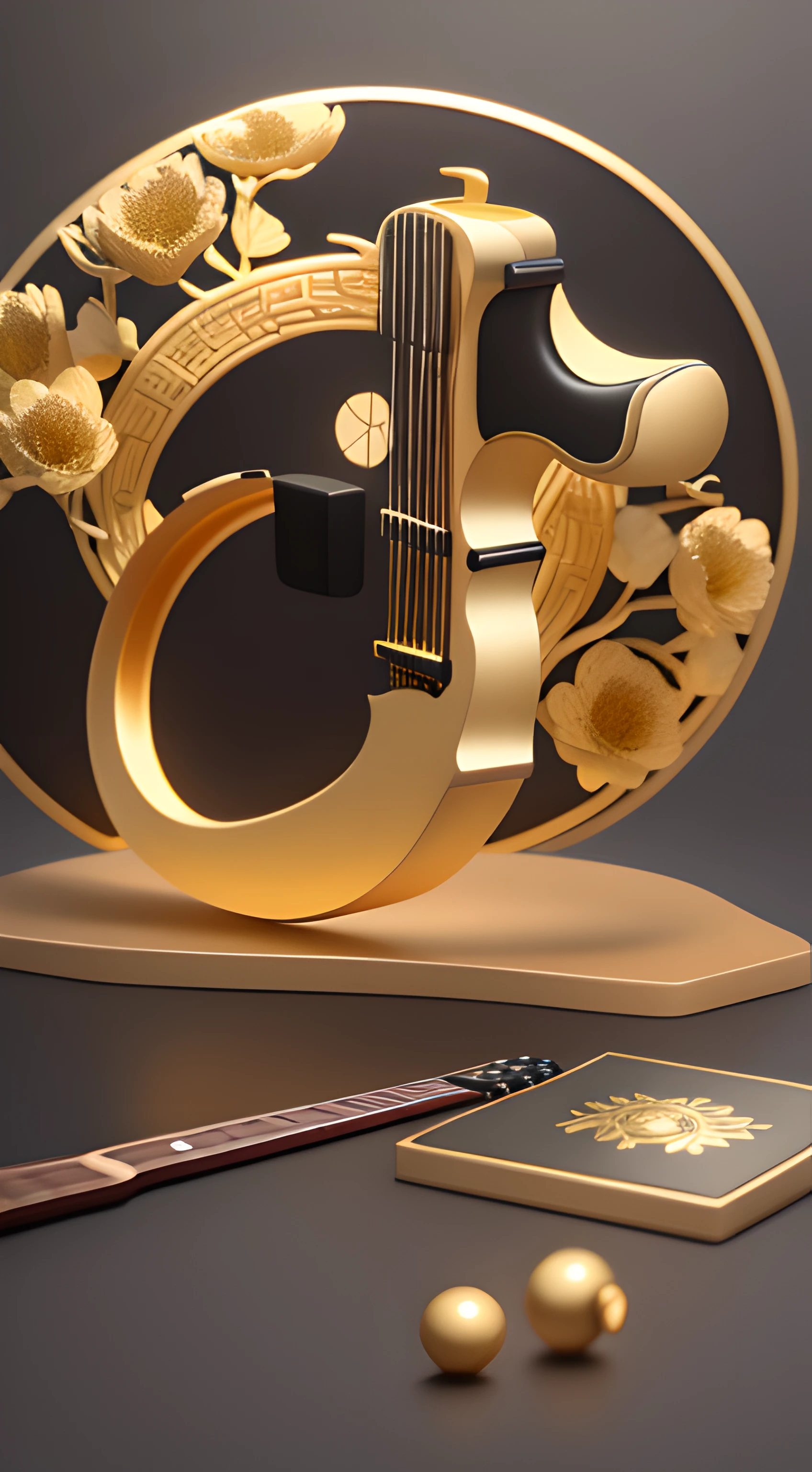 kosmos,Premium gray:1.5,with black background,starrysky:2,Golden curves,TikTok symbols(Internal guitar,microphones,Kim Violin,Golden magnolia flowers:2,Golden Bamboo),Gold plastic armor,Funeral style,Xianxia TV series