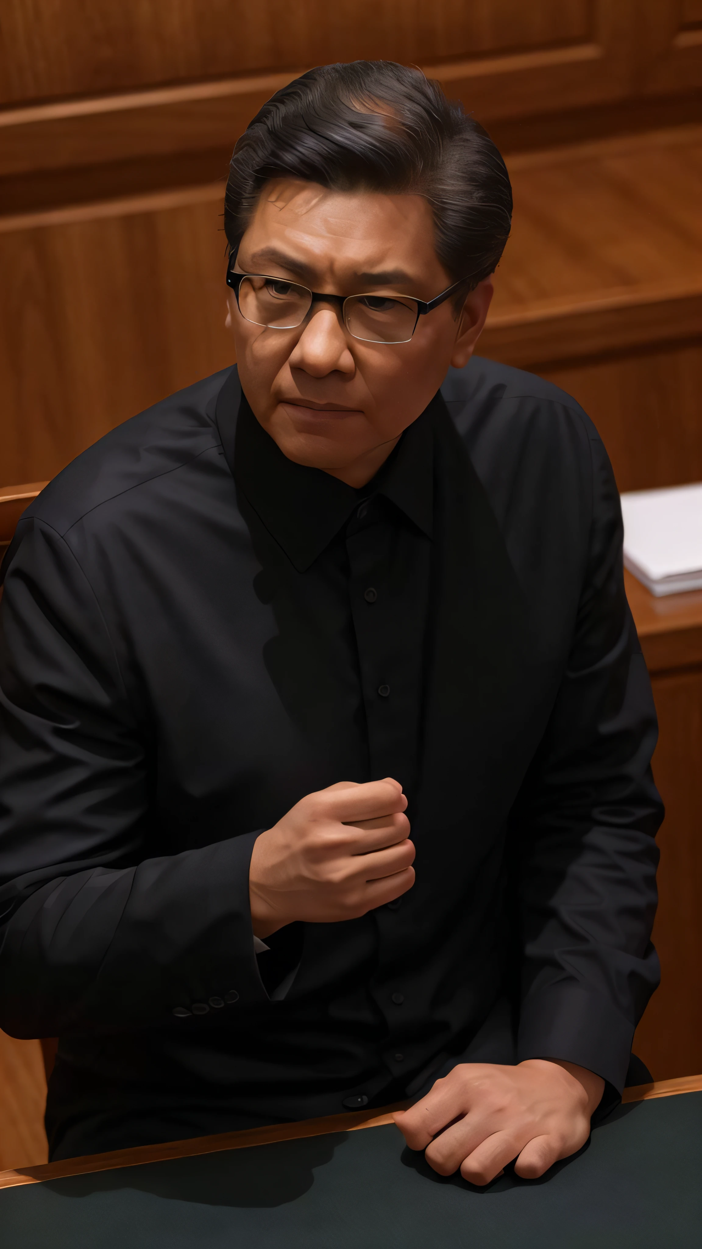 Man in black shirt and black pants，（In the dimly lit study：1.5），Sit upright，Wear glasses，Look straight ahead，Focused eyes， Photo portrait, 8K，high qulity，No deformities，Realistic Chinese style