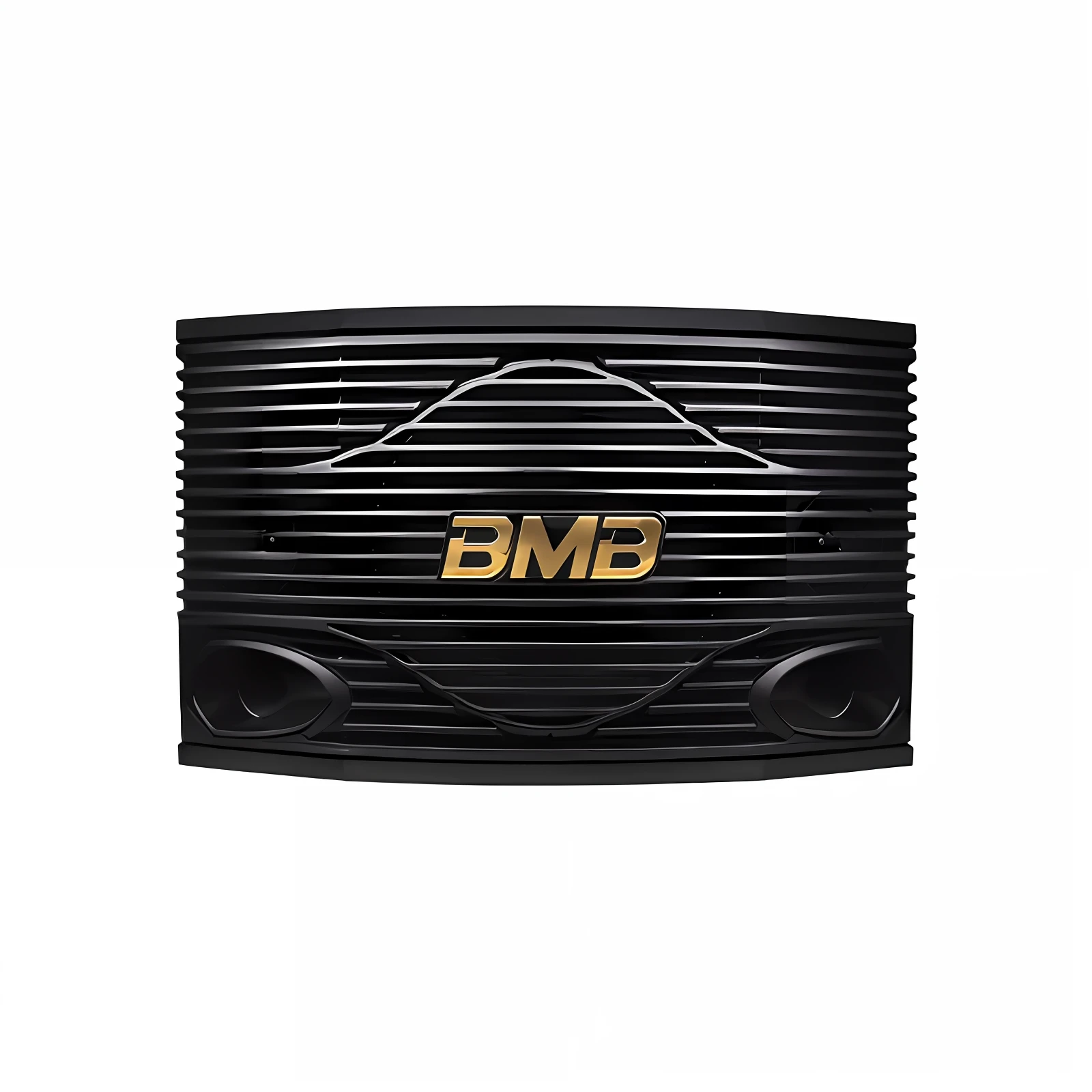 Close-up of black and gold logo on white background,Bottom view,Subwoofer,Official product photo,all black matte product,medium wide shot,SBT speakers,Stage speakers,band,Medium panoramic shooting,Bottom lens,black main color,product introduction photos,White light 3D rendering