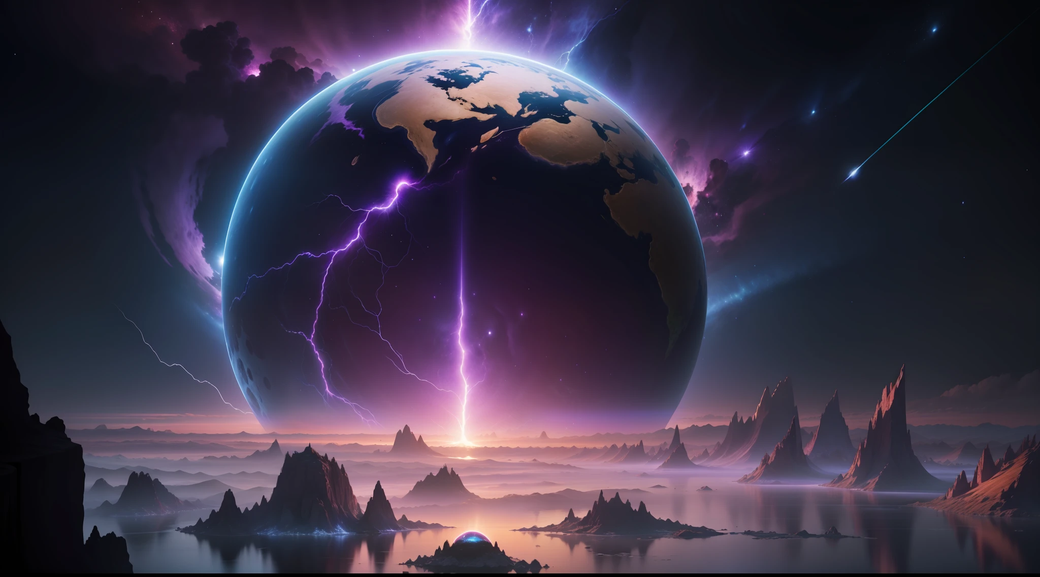 Planet from space, cosmic, purple, land, ocean, alien, solar system, colorful, fruitful, habitable, alien land, purple oceans, ice, birds, planet light years away, big, exoplanet, 8K resolution, ultra detailed,  Fantasy vibe, centered, dreamlike, intricate detail,  Cinematic Lightning, Unreal Engine, Realistic, Photorealistic, Hyper-detailed, insane details, Super-Resolution, Megapixel, FKAA, TXAA, RTX, SSAO, Post Processing