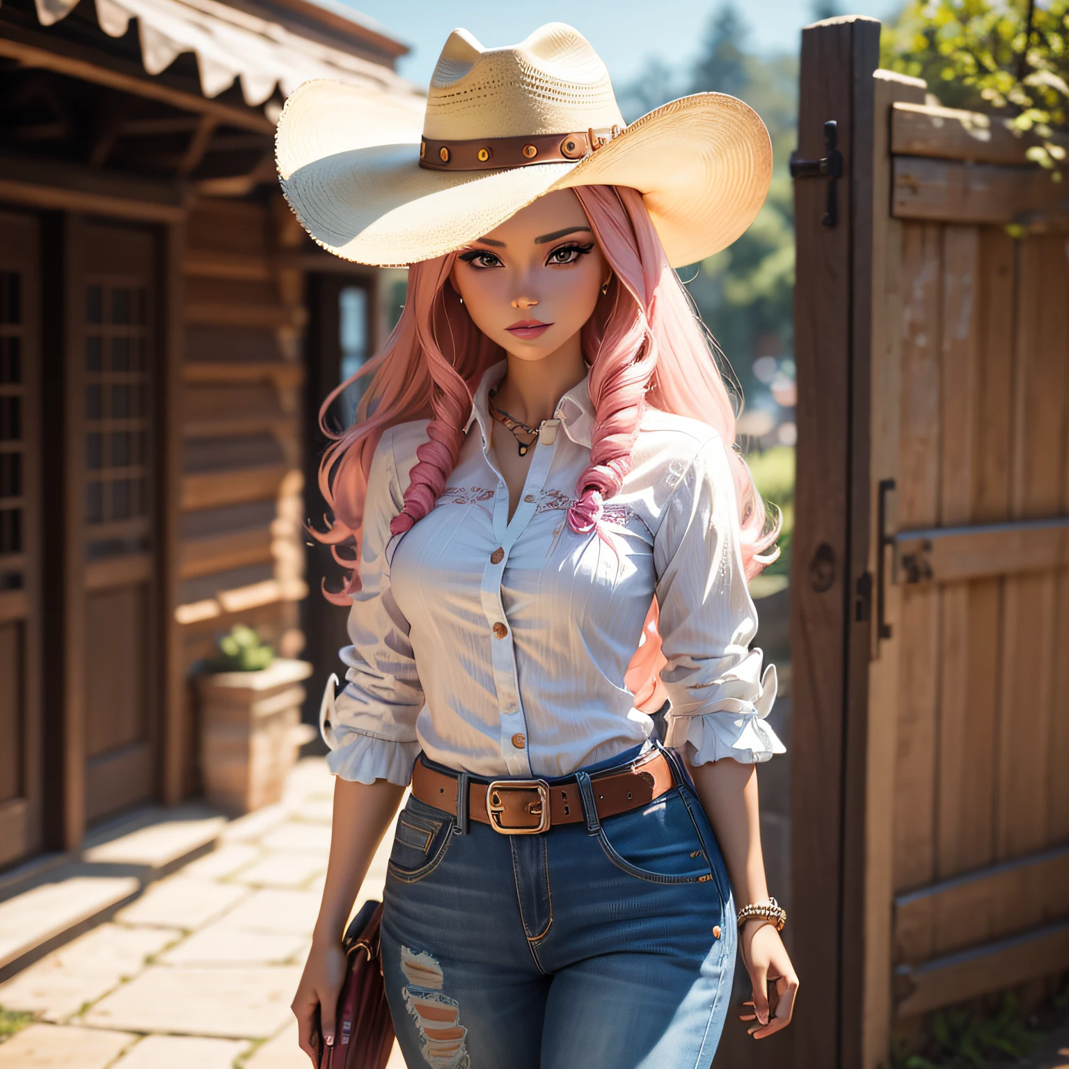 Barbie doll with cowboy hat in a stylish country outfit, dinamic pose --auto