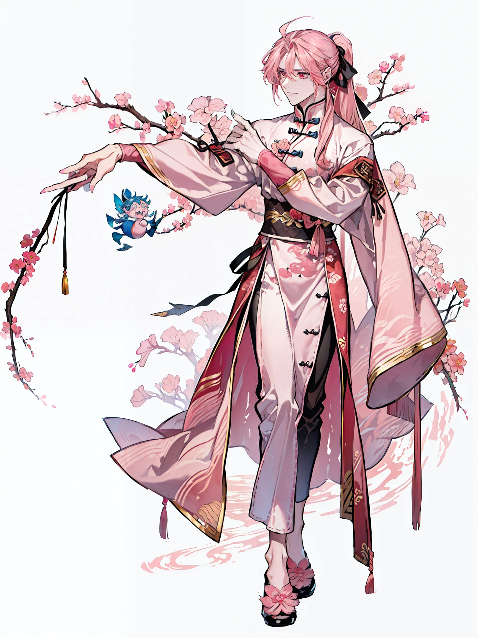 a close up of a person in a pink dress holding a shuriken, flowing hair , ((Ponytail)) and ((long slit robes)), full body xianxia, , Monster ((masucline:1.4)),(Digimon\(creature)\0.4), (Peach Blossom themed:1.2), (Fairy), ((Pink Claw like arms:1.4)), (( plant person:1.6)), ((Pink skin))