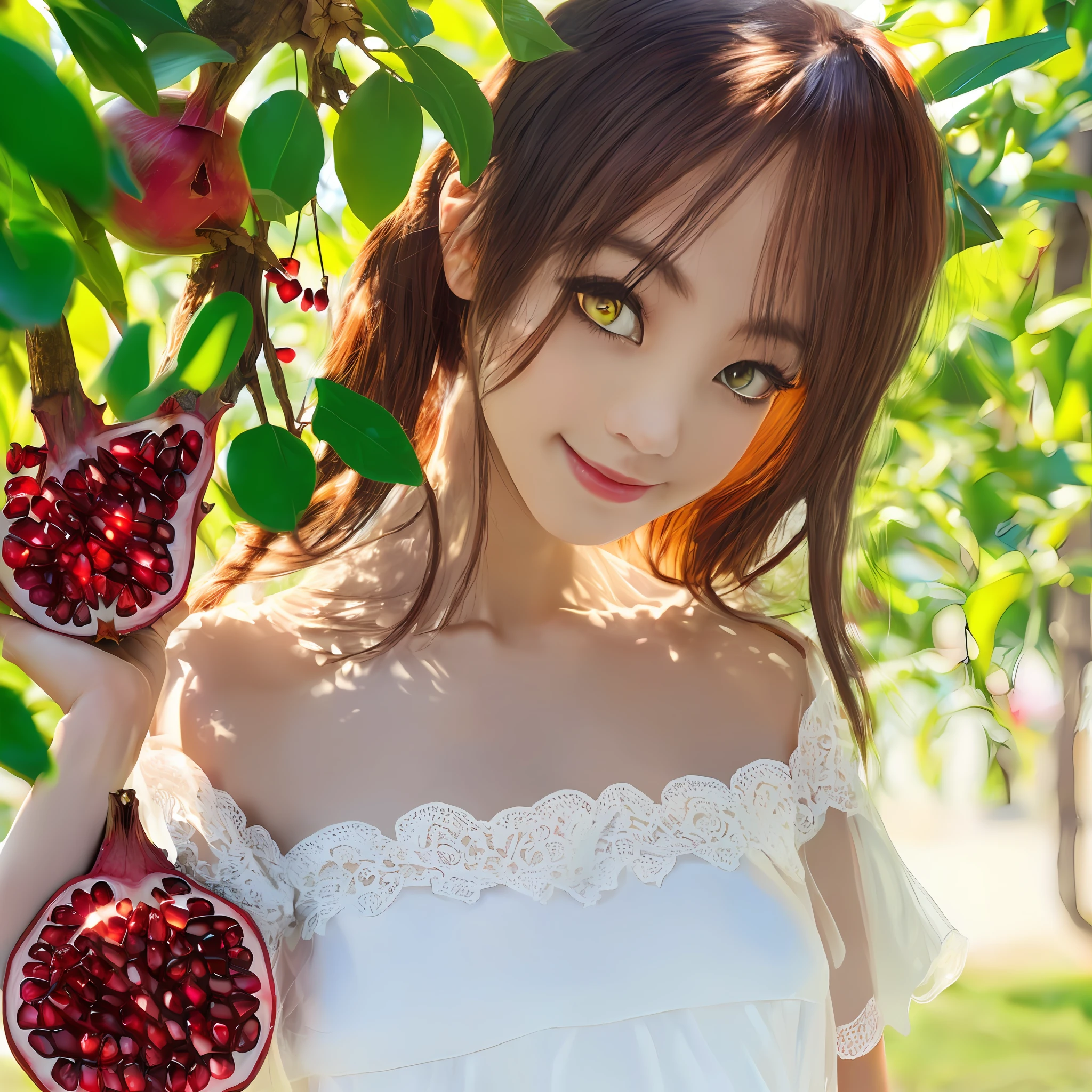 offcial art, 8k wallpaper, Girl in white pomegranate dress, Detailed yellow pupils, White skin of the, sunlighting, has shadow