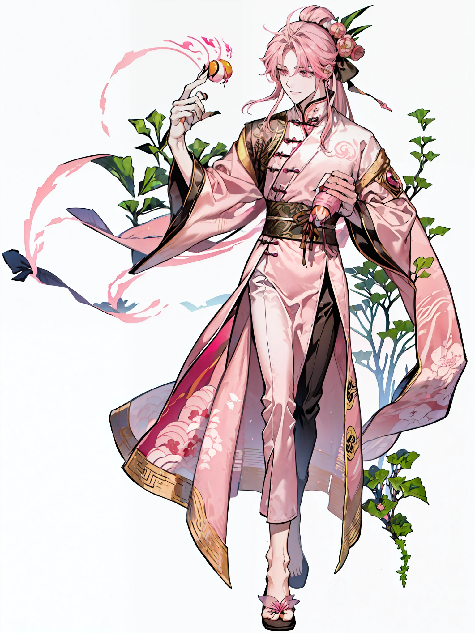 a close up of a person in a pink dress holding a shuriken, flowing hair , ((Ponytail)) and ((long slit robes)), full body xianxia, , Monster ((masucline:1.4)),(Digimon\(creature)\0.4), (Peach Blossom themed:1.2), (Fairy), ((Pink Claw like arms:1.4)), (( plant person:1.6)), ((Pink skin))