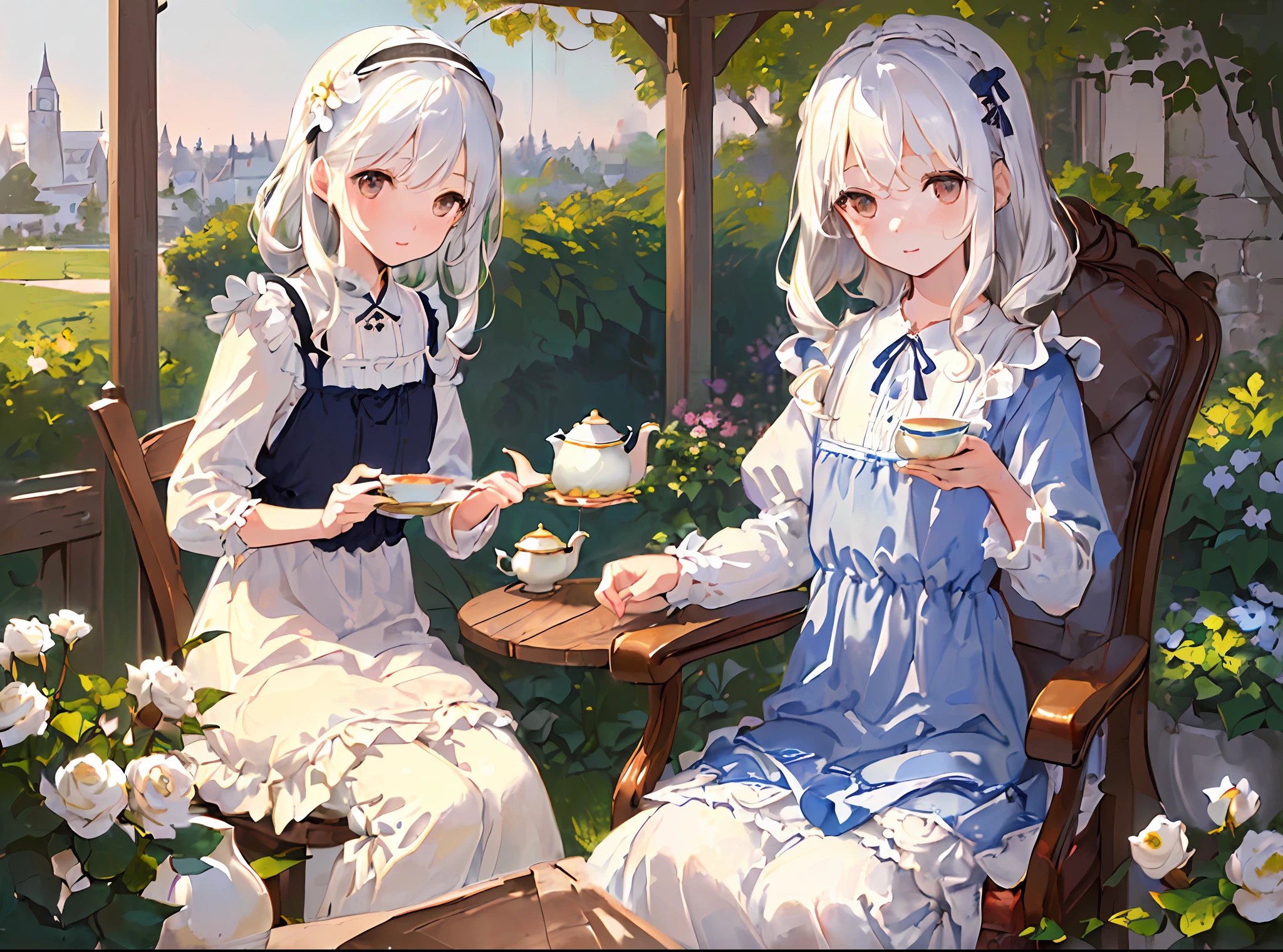 (Masterpiece, Best quality:1.3), ((illustration), Detailed eyes, Detailed face, ((still-life)), ((1 Charming white-haired girl)), ((Peaceful)), Small chest, (nightdress), Brown eyes, Curly hair, (blanket), Blue pattern, ((soft)), (mid afternoon), ((chair)), Garden view, teapot, Cupcakes