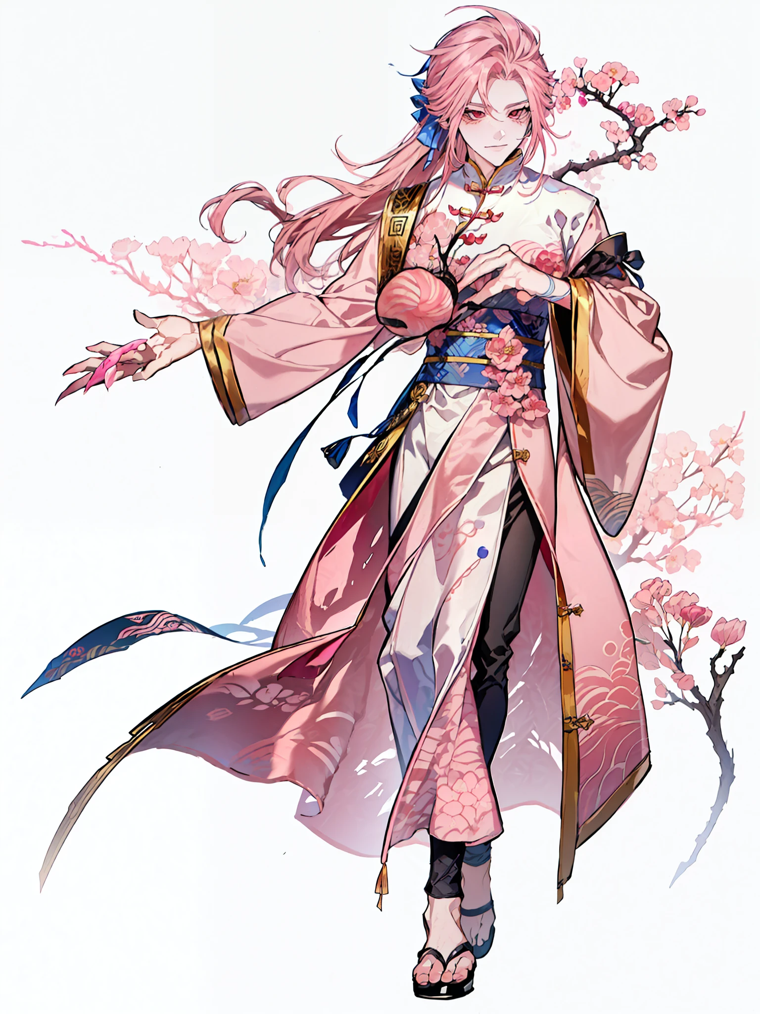 a close up of a person in a pink dress holding a shuriken, flowing hair , ((Ponytail)) and ((long slit robes)), full body xianxia, , Monster ((masucline:1.4)),(Digimon\(creature)\0.4), (Peach Blossom themed:1.2), (Fairy), ((Pink Claw like arms:1.4)), (( plant person:1.6)), ((Pink skin))