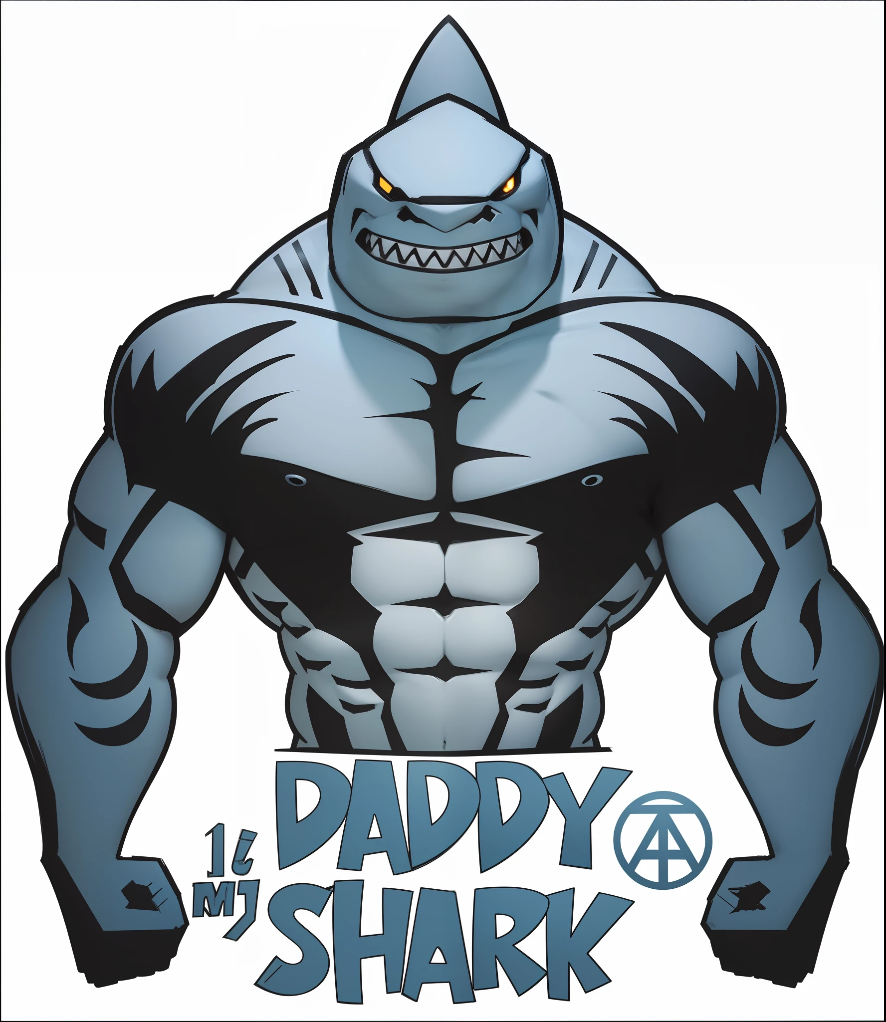 Uma imagem de ultra qualidade, CG beautiful art, 3D hyper realistic 8k resolution, in the image a hybrid with the body of a very large man defined and muscular with gray skin, the head is the head of a Shark, com um grande e maligno sorriso, arte de corpo inteiro e frontal, besta mutante, shark-man --auto