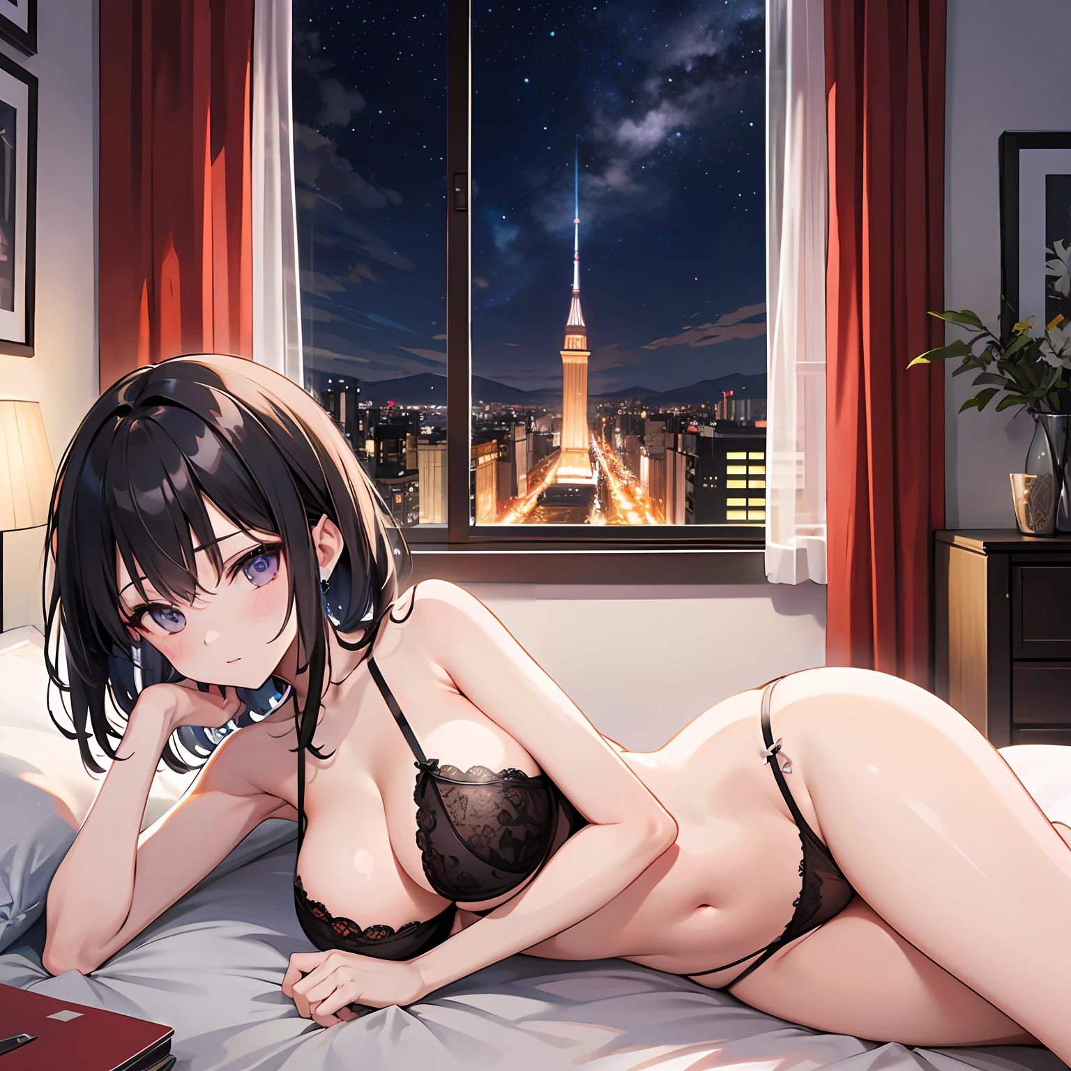 A dark-haired、huge tit、Masterpiece、high-level image quality、Official picture、soio、Bedrooms、Night view from the window、Purple lingerie