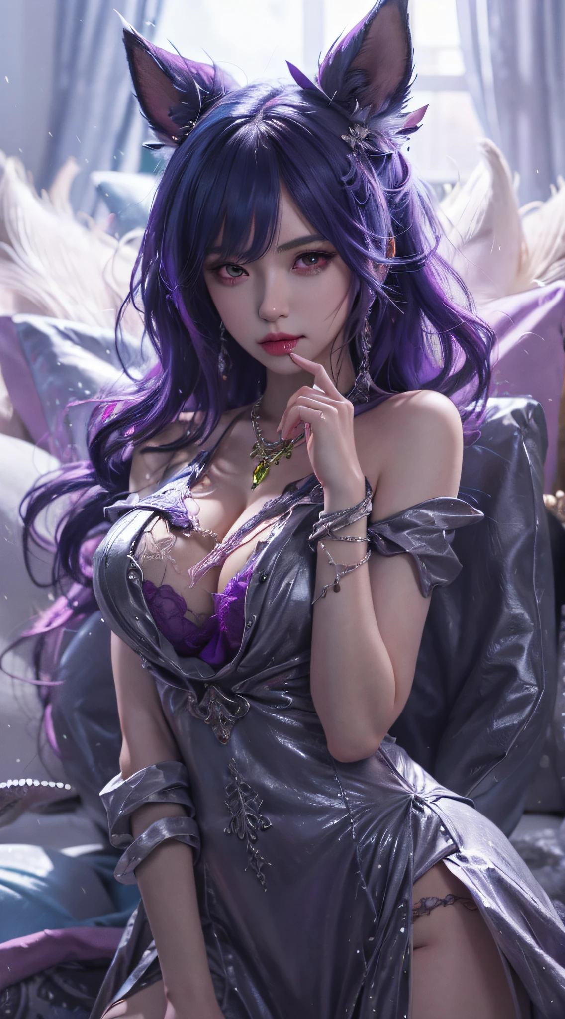 Anime girl with purple hair and purple dress, cleavage,Extremely detailed Artgerm, Art germ. anime illustration, Anime fantasy artwork, Portrait Chevaliers du Zodiaque Fille, Fantasy art style, Art germ. High detail, ! Dream art germ, Style Artgerm, Detailed digital anime art, Anime fantasy illustration, art-style, artgerm detailed