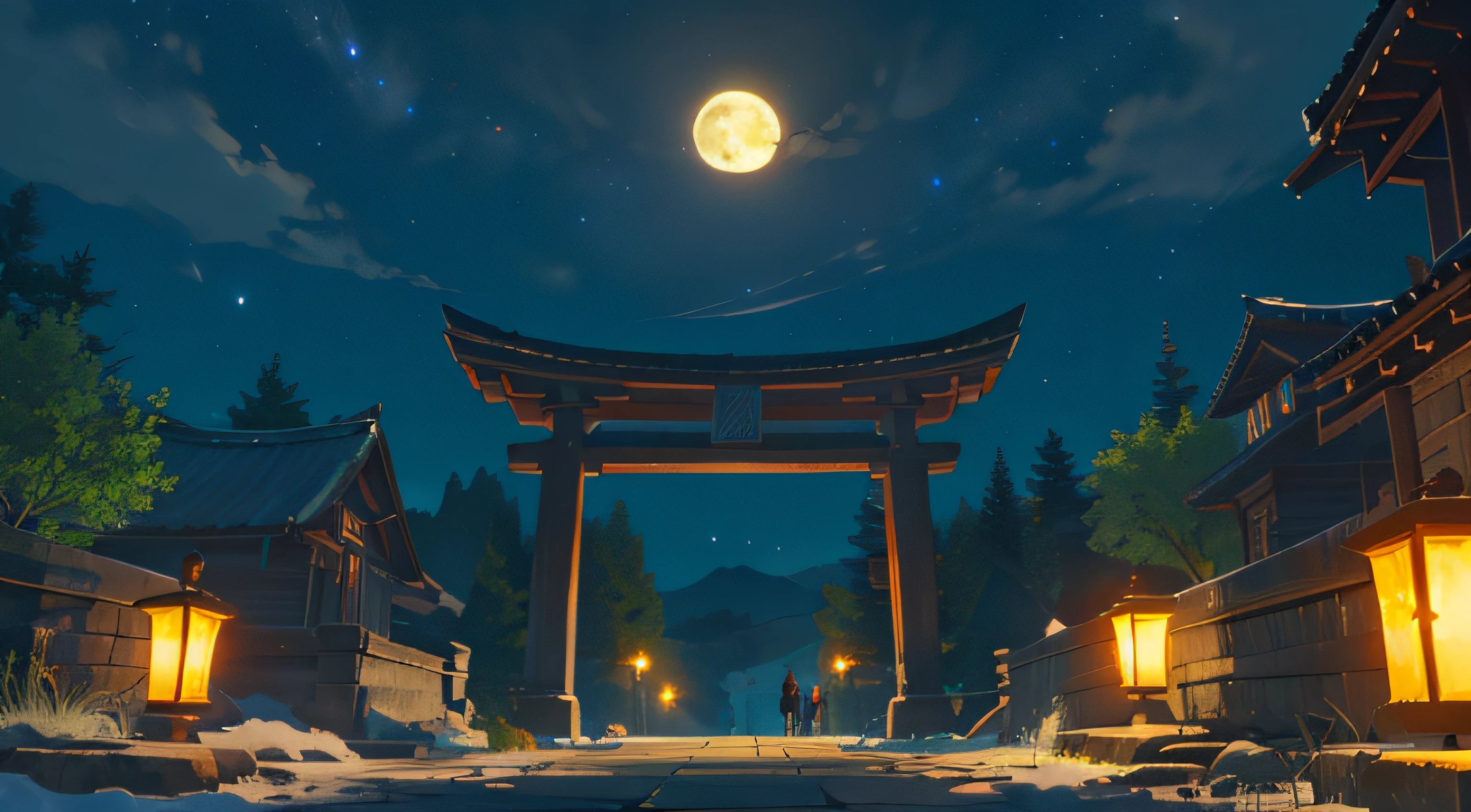 open landscape , landscape , panoramicshooting , (Looking up, Looking down), Lights of all homes, (full moon: 1. 2), (meteors: 0. 9), (Starcloud: 1. 3), Starry sky, Shining lantern, flod,Riverside architecture Green trees, (Warm light source: 1. 2), (Firefly: 1. 2), Lamp 3), Starry sky, Torii gate, (Warm light source: 1. 2), ( (Firefly: 1. 2), lamp lights, Orange and Blue Fine Detail, (Masterpiece: 1. 2), (Best quality), 4K, ultra fine detailed, (Dynamic Composite: 1. 2), (Best quality), lamp lights, Orange and blue Lots of lighting Main fine details Night Lots of lights Romantic break ((Masterpiece: 1.2), (Best quality), 4K, ultra fine detailed, (Dynamic Composite: 1.4), Very Fine Detail, Colorful Detailed, (glitters: 1. 2), (luminouslighting, Ambient lighting), Dream like ( Ambient lighting), Dreamy, Fantastic, (Solo: 1.2), Sparkling,