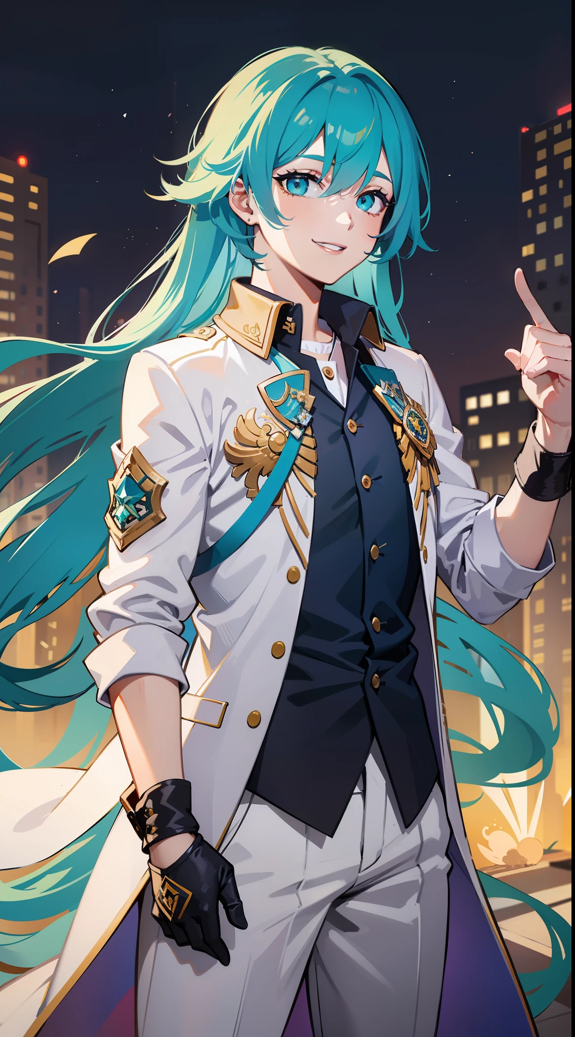 young boy, Long aquamarine hair, Cyan eyes, The artist's white clothes, Smile, Masterpiece, hiquality