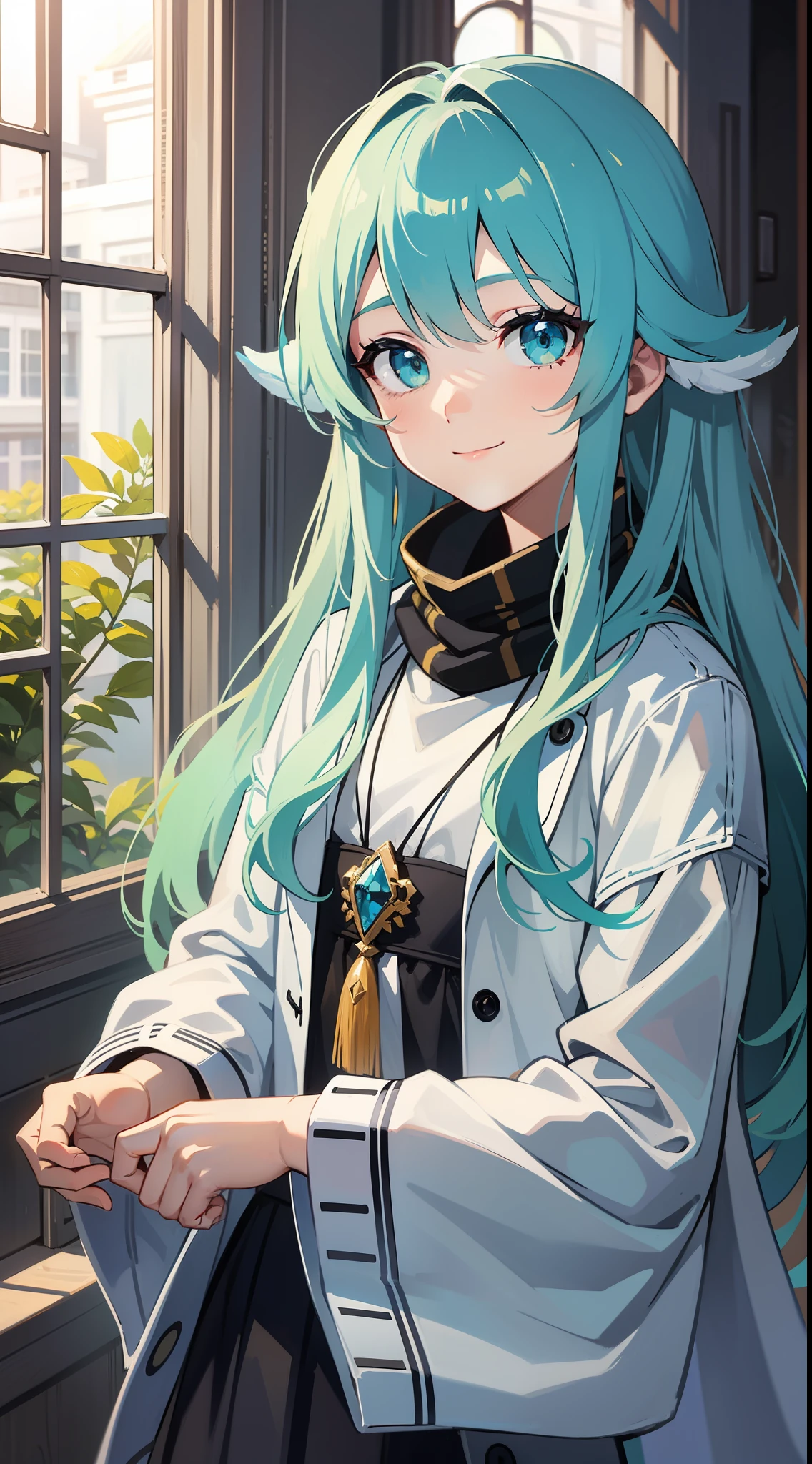 young boy, Long aquamarine hair, Cyan eyes, The artist's white clothes, Smile, Masterpiece, hiquality