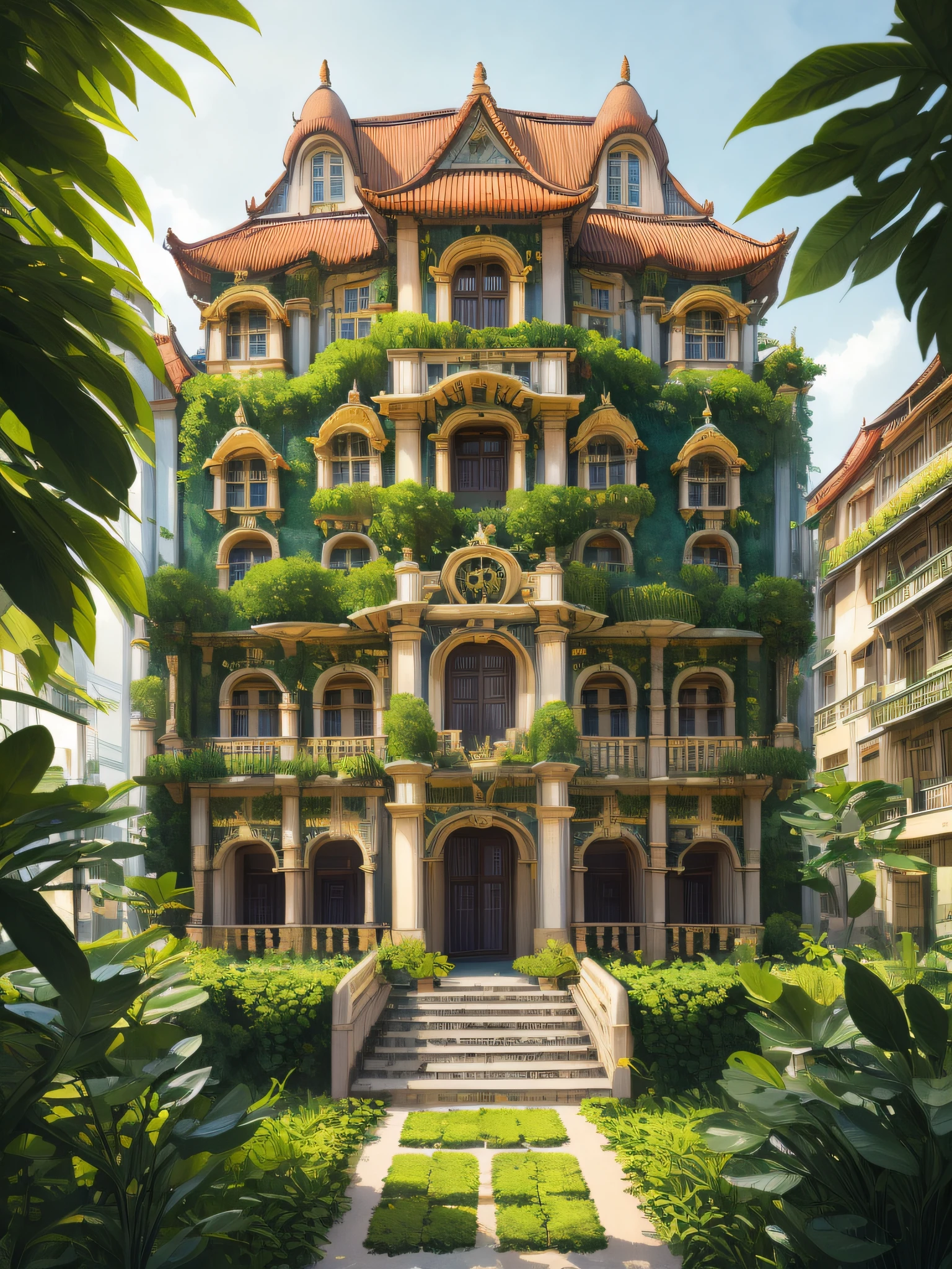 (Best quality),(Masterpiece),(Ultra detailed),(high detal),(Extremely detailed),Huge old Vietnamese apartment building next to Hal Mobile Castle Ghibli, author：hiyao miyazaki, author：Vincent Di Destiny Nausicaa, Guibli, Breath of The Wild, Epic composition, Green plants