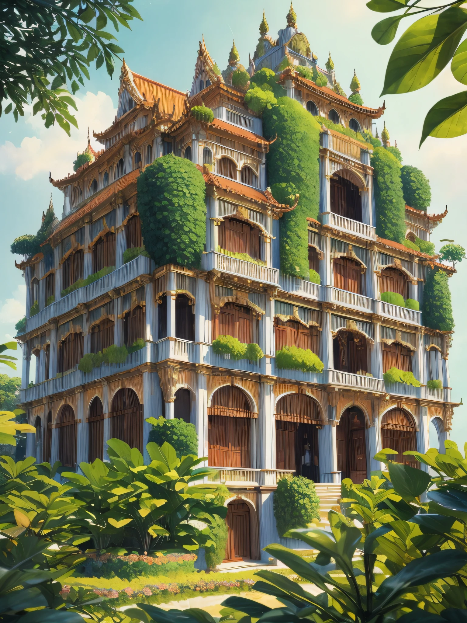 (Best quality),(Masterpiece),(Ultra detailed),(high detal),(Extremely detailed),Huge old Vietnamese apartment building next to Hal Mobile Castle Ghibli, author：hiyao miyazaki, author：Vincent Di Destiny Nausicaa, Guibli, Breath of The Wild, Epic composition, Green plants