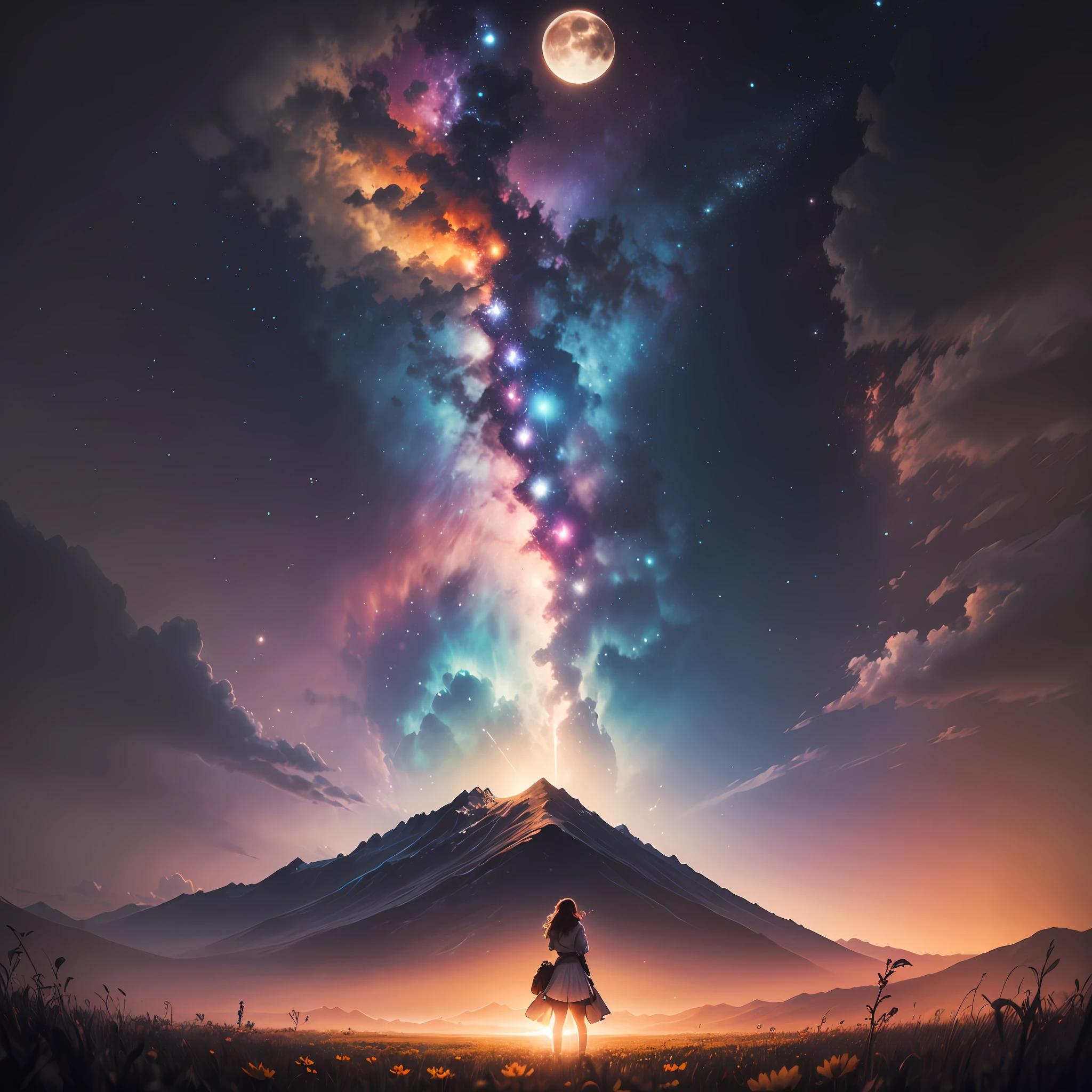 A wide landscape photo, (viewed from below, the sky is above, and the open field is below), a girl standing on a flower field looking up, (full moon: 1.2), (meteor: 0.9), (nebula: 1.3), distant mountains , Trees BREAK Crafting Art, (Warm Light: 1.2), (Firefly: 1.2), Lights, Lots of Purple and Orange, Intricate Details, Volumetric Lighting BREAK (Masterpiece: 1.2), (Best Quality), 4k, Ultra Detailed, (Dynamic Composition: 1.4), Rich in Detail and Color, (Rainbow Color: 1.2), (Glow, Atmospheric Lighting), Dreamy, Magical, (Solo: 1.2) --auto