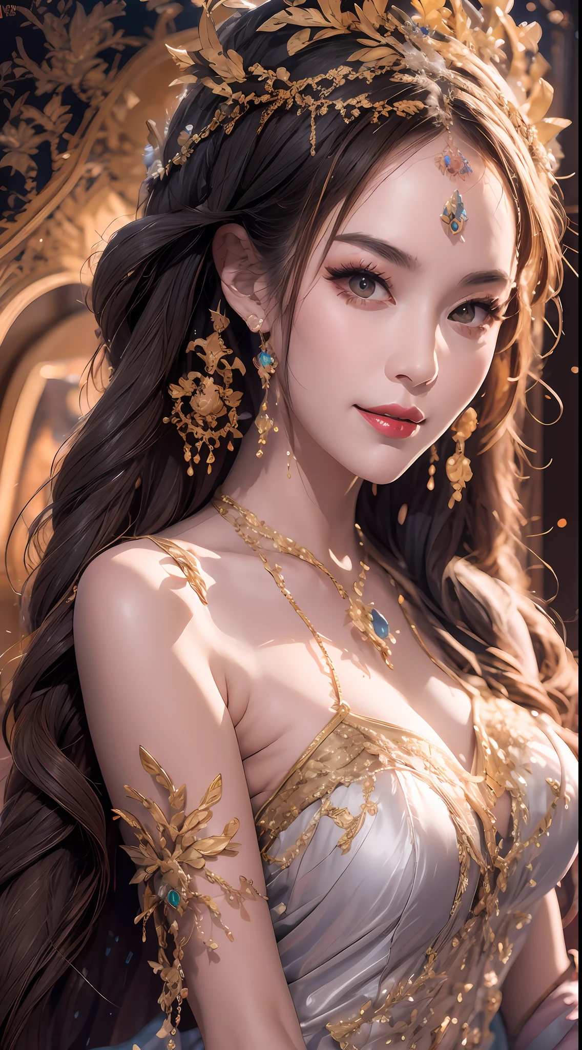 Portrait of a 27-year-old saint,Charming adult saint in a long dress made of thin silk, beautiful saint with an old face, adult, wearing a thin multicolored silk dress, beautiful face without blemishes, (((Natural smile:1.3))), ((flat bangs:0.5)), (((platinum long hair:0.5))), big crown, hair brooch, hanfu dress, chinese ancient style, full body jewelry, forehead tattoo, super even chest, face, innocent face, The most beautiful and detailed light red lipstick, ((Thin plump lips:0.3)), ((Golden Eyes color:0.6)), Detailed and delicate lighting effects, light and dark, dramatic lighting, magical light, extremely detailed light, true color, super sharp, realistic, 8k quality, fantasy universe background, saints and magical space, the most detailed images, ((Solo:0.3)), ((a saintess:0.6)), ((looking directly at the saint's upper body:0.4)), ((smooth skin:0.5)), ((the holy woman's veil:0.6)), ((solo:0.5)), ((alone girl:0.4)),