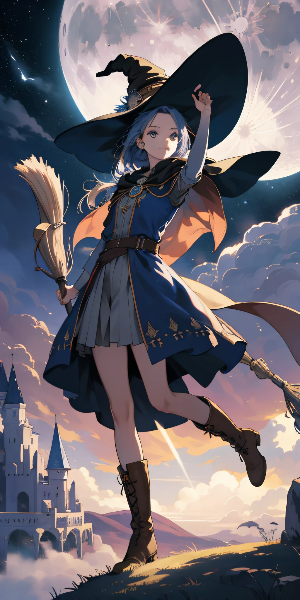 Top quality, ultra detail, illustration, 1girl, solo, fantasy, night sky, outdoors, magic, spell, moon, star, cloud, wind, hair, cape, hat, boots, broom, shining, mysterious, cape, capical, capical, capricious, capricious, playful, adventurous, freedom, wonder, imagination, determination, skill, speed, movement, energy, realism, naturalism, figurative, expression, beauty, fantasy culture, mythology, fairy tale, folklore, legend, witch, wizard, fantasy world, composition, scale, foreground, midpoint, background, perspective, light, color, detail, beauty, wonder.