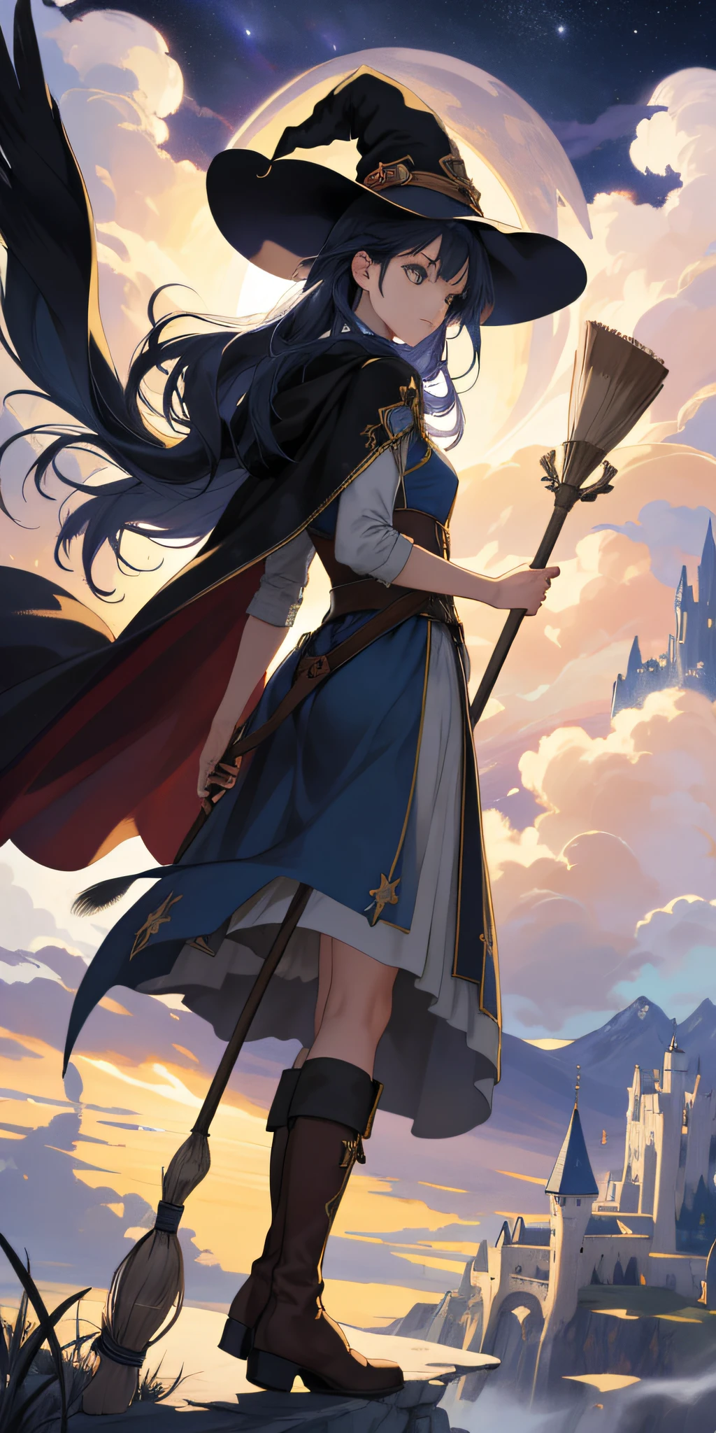 Top quality, ultra detail, illustration, 1girl, solo, fantasy, night sky, outdoors, magic, spell, moon, star, cloud, wind, hair, cape, hat, boots, broom, shining, mysterious, cape, capical, capical, capricious, capricious, playful, adventurous, , wonder, imagination, determination, skill, speed, movement, energy, realism, naturalism, figurative, expression, beauty, fantasy culture, mythology, fairy tale, folklore, legend, witch, wizard, fantasy world, composition, scale, foreground, midpoint, background, perspective, light, color, detail, beauty, wonder.