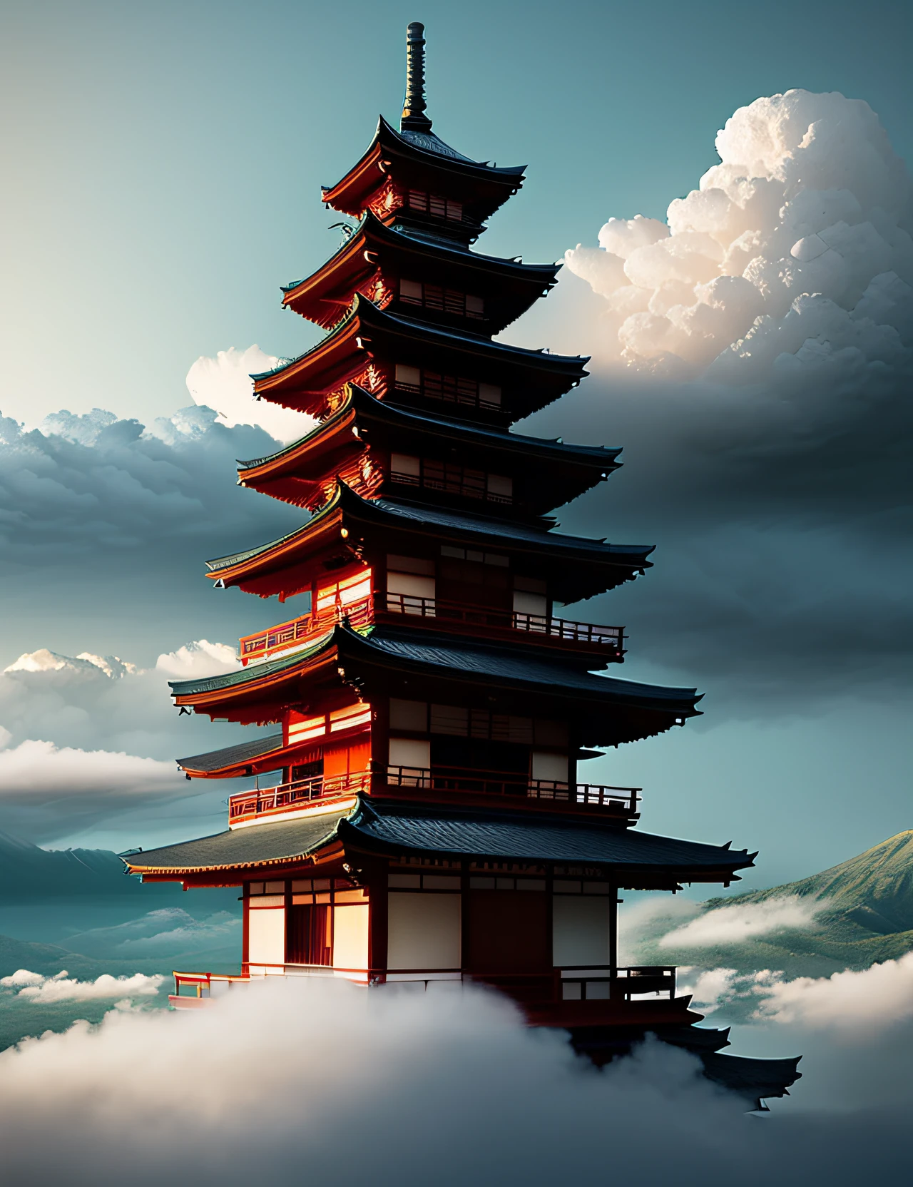 Japanese pagoda surrounded by clouds in the style of Ralph Steadman, Marko Manev, concept art, matte painting,
highly detailed, rule of thirds, dynamic lighting, cinematic, detailed,
magnificiant landscape, denoised, centerd, HDR, 8K