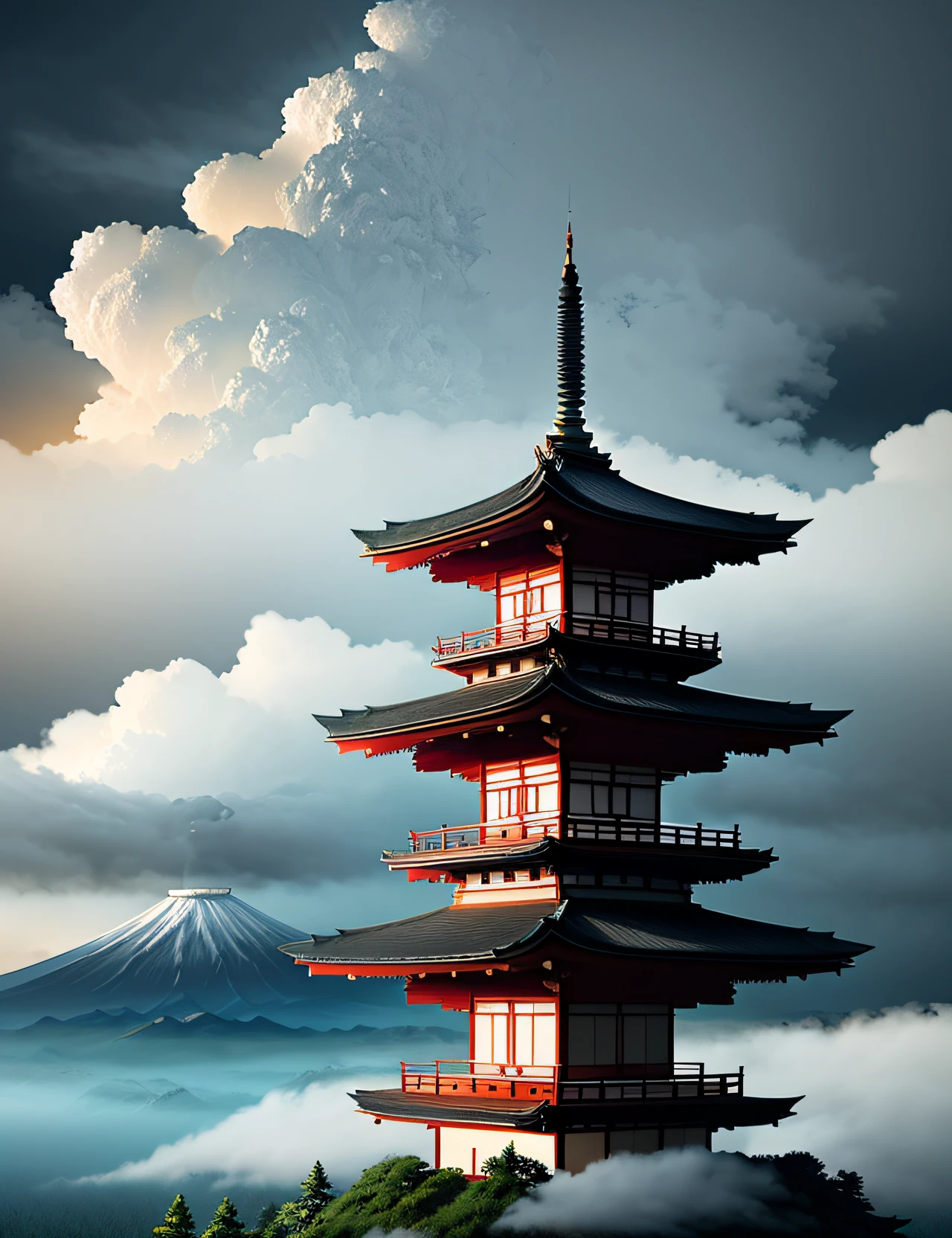 Japanese pagoda surrounded by clouds in the style of Ralph Steadman, Marko Manev, concept art, matte painting,
highly detailed, rule of thirds, dynamic lighting, cinematic, detailed,
magnificiant landscape, denoised, centerd, HDR, 8K