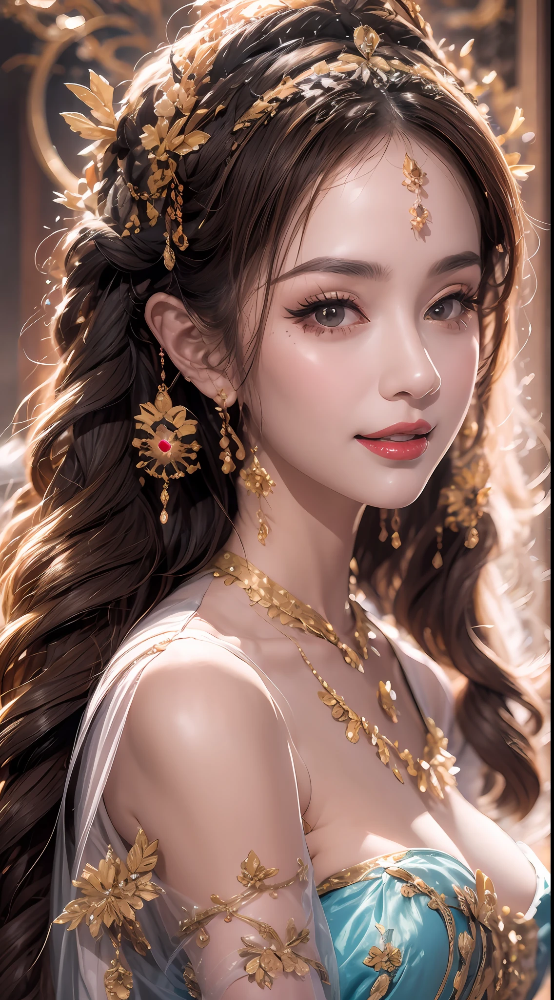 Portrait of a 27-year-old saint,Charming adult saint in a long dress made of thin silk, beautiful saint with an old face, adult, wearing a thin multicolored silk dress, beautiful face without blemishes, (((Natural smile:1.3))), ((flat bangs:0.5)), (((platinum long hair:0.5))), big crown, hair brooch, hanfu dress, chinese ancient style, full body jewelry, forehead tattoo, super even chest, face, innocent face, The most beautiful and detailed light red lipstick, ((Thin plump lips:0.3)), ((Golden Eyes color:0.6)), Detailed and delicate lighting effects, light and dark, dramatic lighting, magical light, extremely detailed light, true color, super sharp, realistic, 8k quality, fantasy universe background, saints and magical space, the most detailed images, ((Solo:0.3)), ((a saintess:0.6)), ((looking directly at the saint's upper body:0.4)), ((smooth skin:0.5)), ((the holy woman's veil:0.6)), ((solo:0.5)), ((alone girl:0.4)),