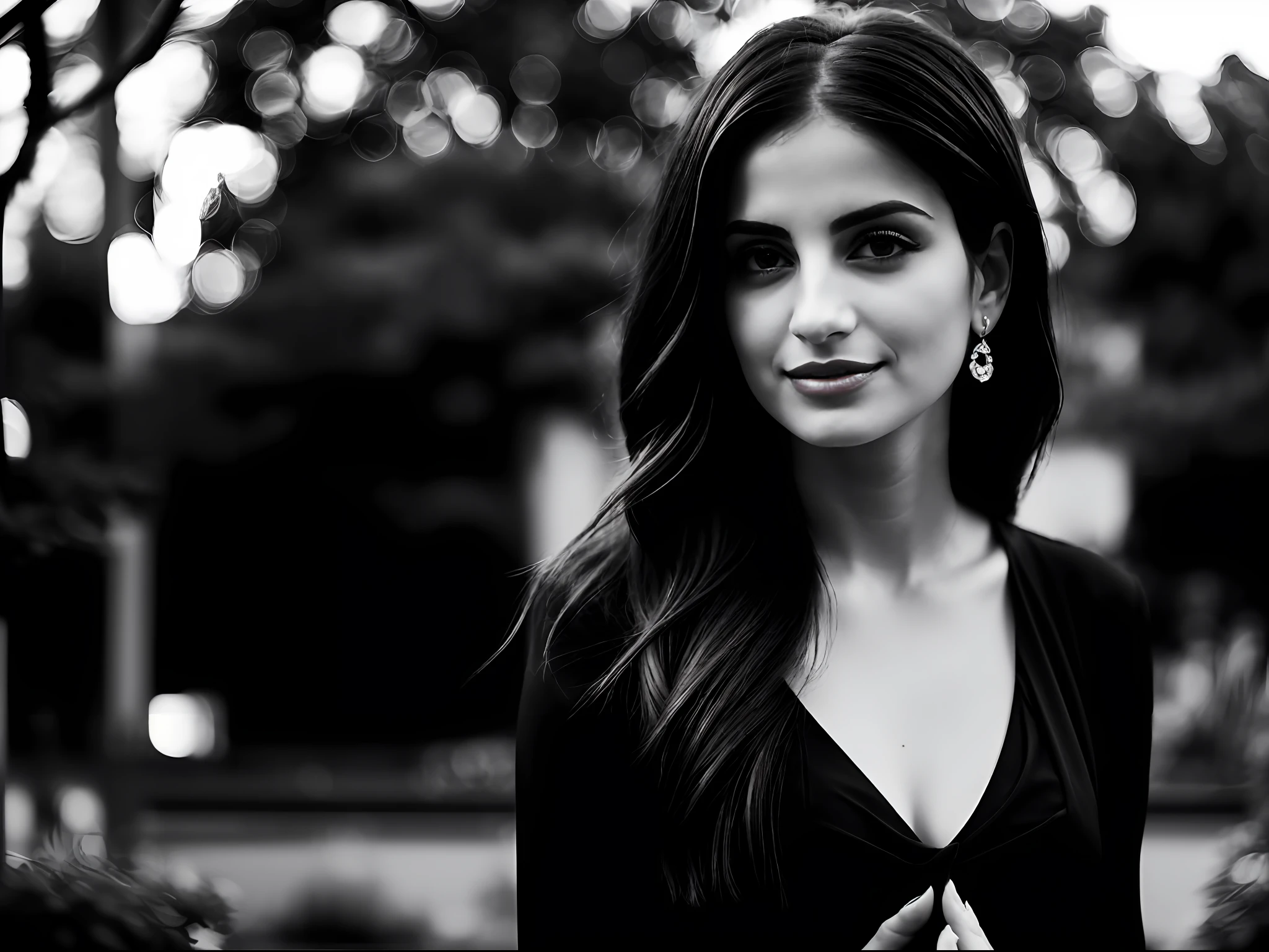 ((MONOCHROME IMAGE BLACK AND WHITE)) CHARACTER: (01 spanish woman | striking resemblance to penelope cruz | 30 years old | just one ((just 01 character | no mirror)) wearing black silky pants + black silky t-shirt | black silky hair | beautiful face | brown eyes | seductive eyes | best mouth | perfect face | friendly smile face | lotus flower position ) ACTION: (practicing yoga) PLACE (in the garden | black tulips ) QUALITY: (masterpice | UHD 12K | photo realism | real texture | artifical light | cool white | deep black | white balances | analog quality | anatomically correct ) EFFECTS: (RAW | monochrome | black and white | grayscale | deep black | film grain | high contrast | equalized exposure | sharp focus ) EQUIPMENT: ( Sony Alpha A7R III Mirrorless | Ilford HP5 80mm ) P.O.V.: ( large shot )