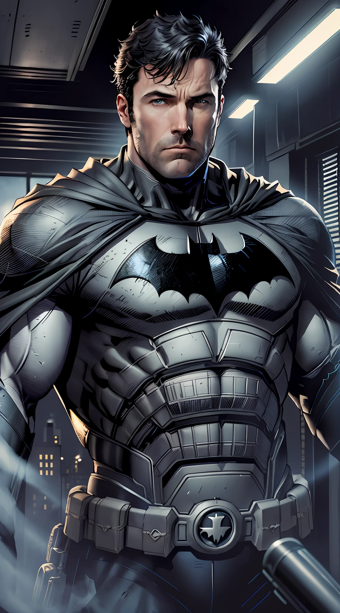 1 man, solo, Ben Affleck as Batman, tall, hunk, muscular, bulk, wide shoulder, photorealism, dark dirty grey suit, dark grey arms, ((no mask)), mask off, black hair, black gloves, best quality, masterpiece, high resolution:1.2, black cape, high detailed mask, high detailed suit, high detailed face, award winning, night time, a dark cave in the background, indoors