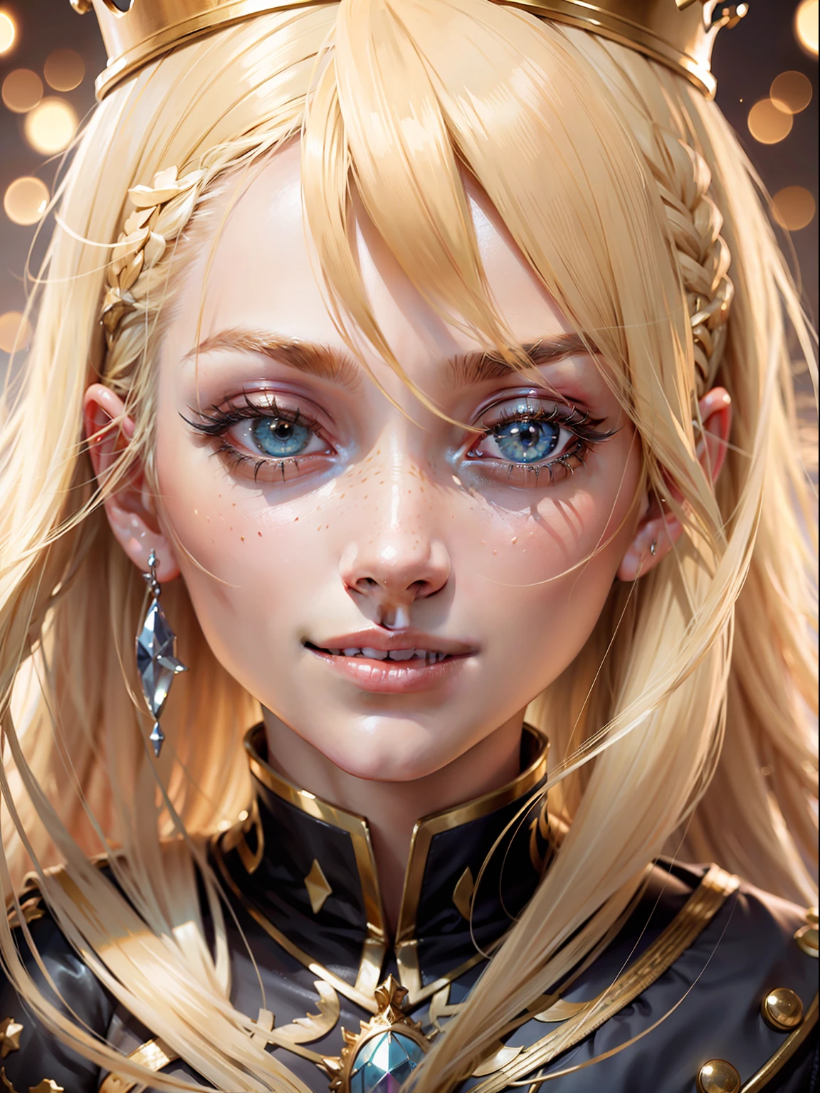 blonde hair, crown, rolling eyes, smile, Surrealism, depth of field, character chart, Sony FE GM, close-up, lens flare, UHD, masterpiece, textured skin, high quality