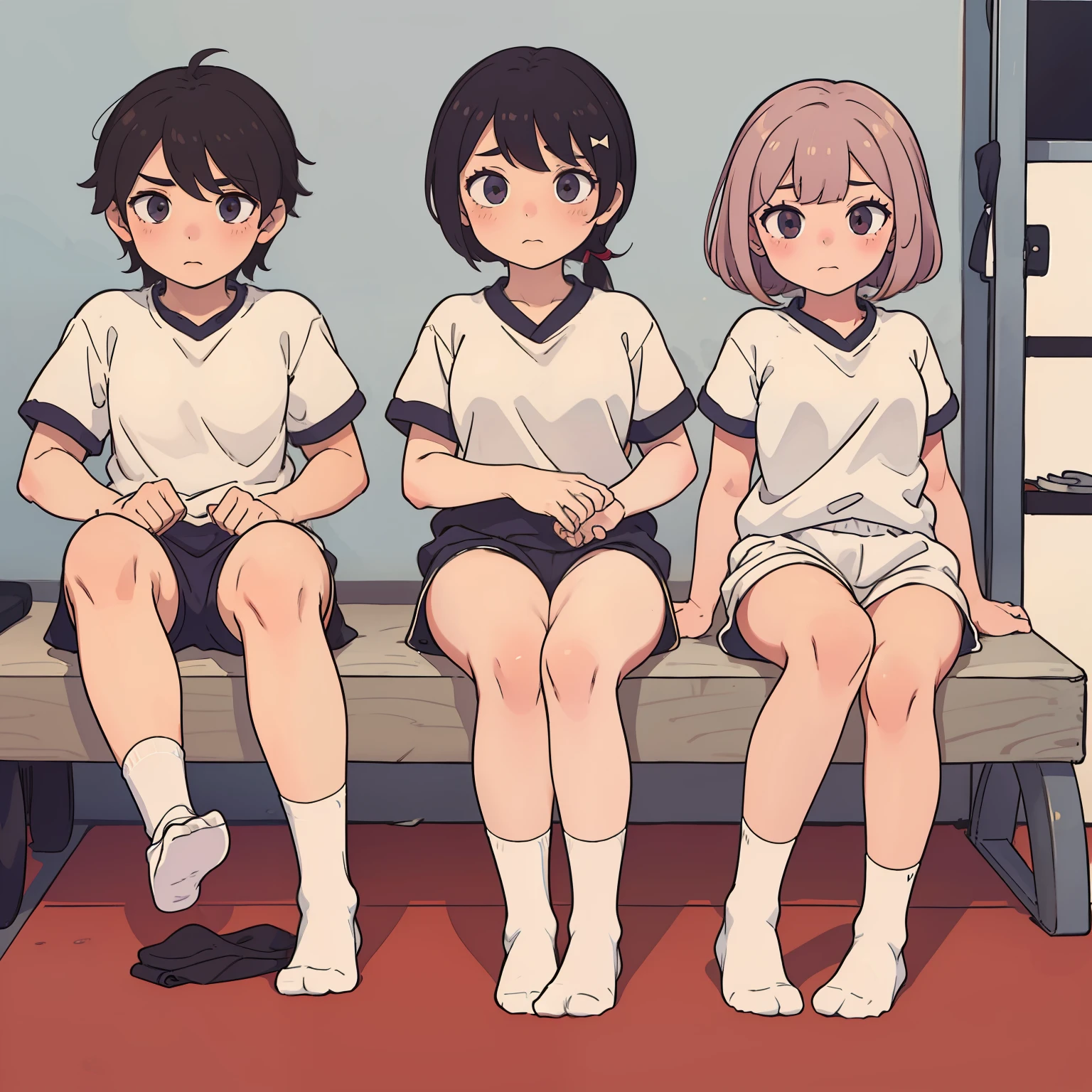 Shota,soles of feet,White socks,gym uniform(rot,blanche),3 people