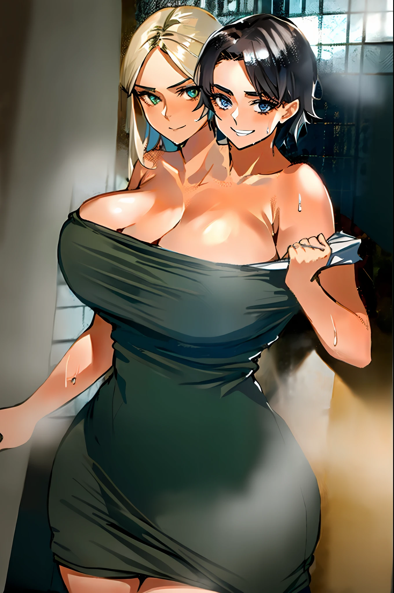2heads, a short thin woman with 2 heads. She has gigantic breasts. She is wearing just a towel. She is getting out of a shower. She is wet. She looks very happy. She has enormous breasts.