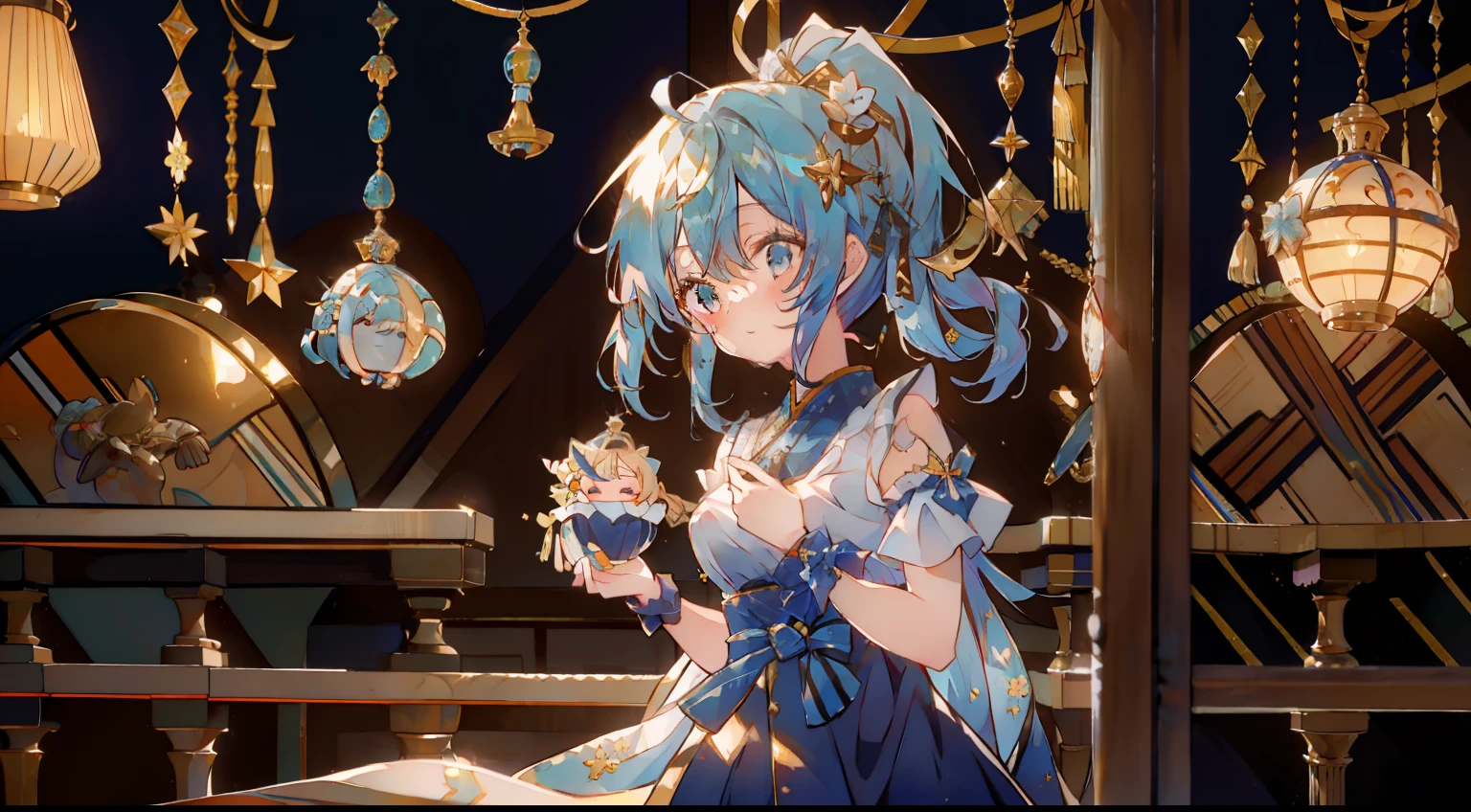 One girl、Blue-haired、High Ponytail、Long hair、Laugh、smil、High knot、golden hair ornaments、luxury dress、Hanging eyes、Bullish、masterpiece、top-quality、Top image quality、cute little、blue eyess、to stand、borgar