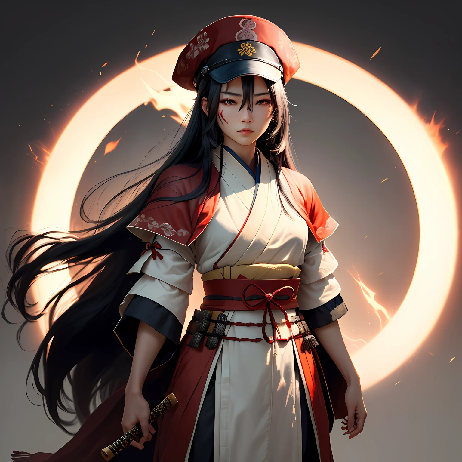 Male samurai，She has long black hair，Half of his blood-red body was exposed，Half of his body was dressed in a shabby samurai suit，The round cap covers the left eye，The right eye showed a fierce light，terroral，game style