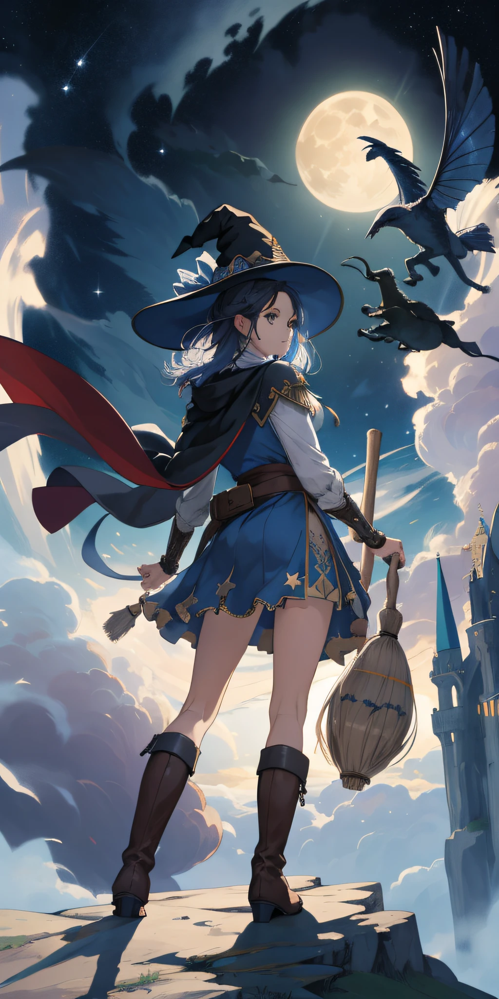 Top quality, ultra detail, illustration, 1girl, solo, fantasy, night sky, outdoors, magic, spell, moon, star, cloud, wind, hair, cape, hat, boots, broom, shining, mysterious, cape, capical, capical, capricious, capricious, playful, adventurous, freedom, wonder, imagination, determination, skill, speed, movement, energy, realism, naturalism, figurative, expression, beauty, fantasy culture, mythology, fairy tale, folklore, legend, witch, wizard, fantasy world, composition, scale, foreground, midpoint, background, perspective, light, color, detail, beauty, wonder.