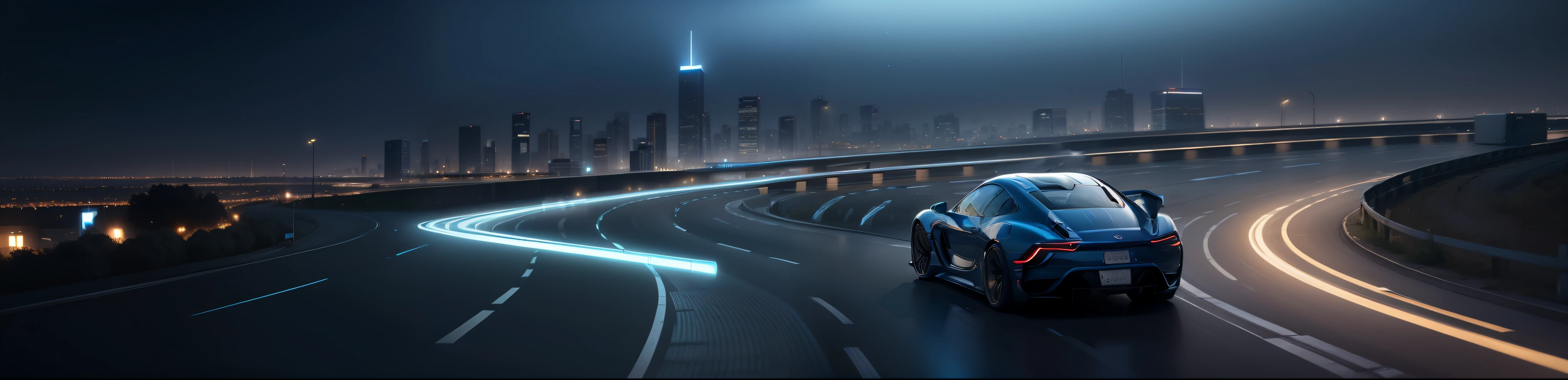 best qualtiy, tmasterpiece), Modern cars, Photorealsitic,More cars in the picture,Dotted with smooth lines, Blue particle effect, Equipped with LED lights, Atmospheric stylish, Surrounded by cities, More blue lines in the picture, The picture is decorated with blue particles, Advertising style, The picture is simple, A high resolution, 8K, A high resolution,