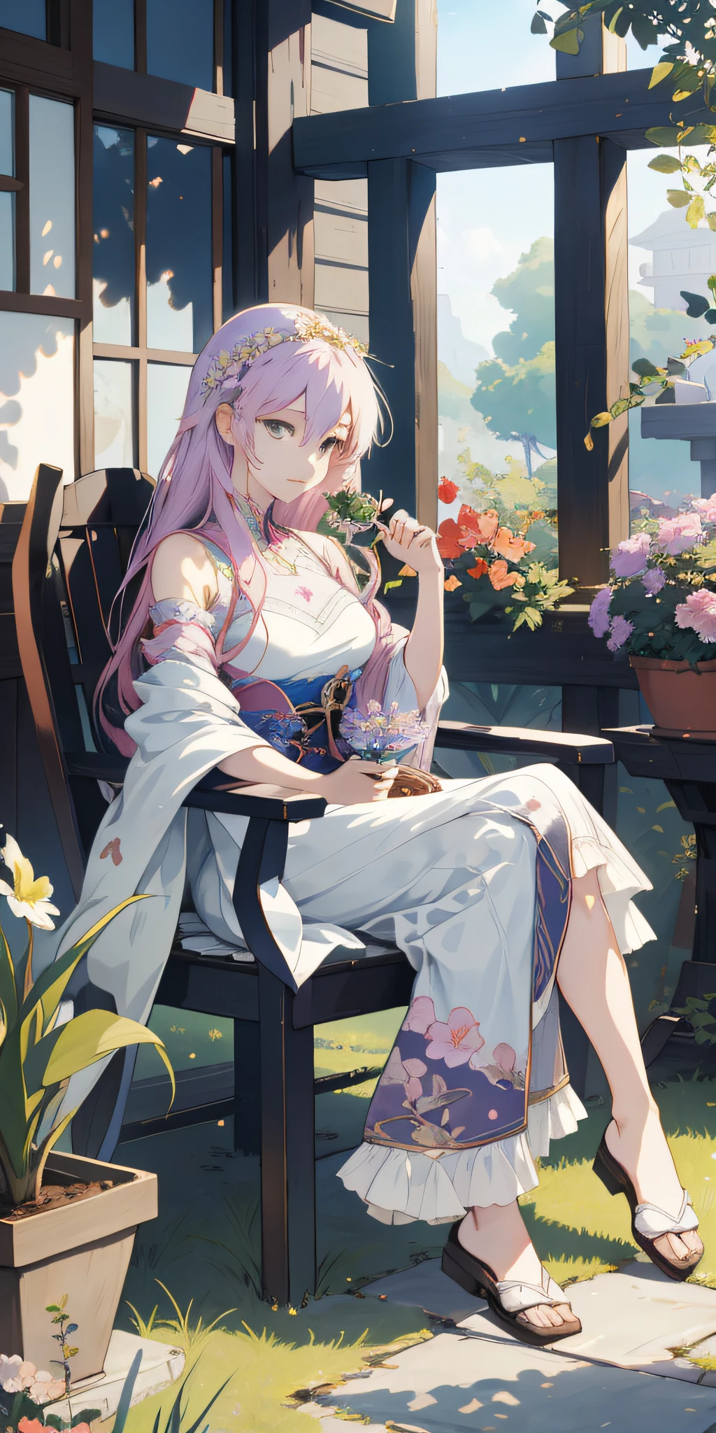 Anime girl sitting on chair with flower pot in hand, cute anime huaifu in beautiful clothes, beautiful and seductive anime woman, epic light novel art cover, 8k high quality detail art, epic light novel cover art, beautiful anime girl, beautiful anime woman, detailed key anime art, seductive anime girl, anime goddess, beautiful fantasy anime, 4K