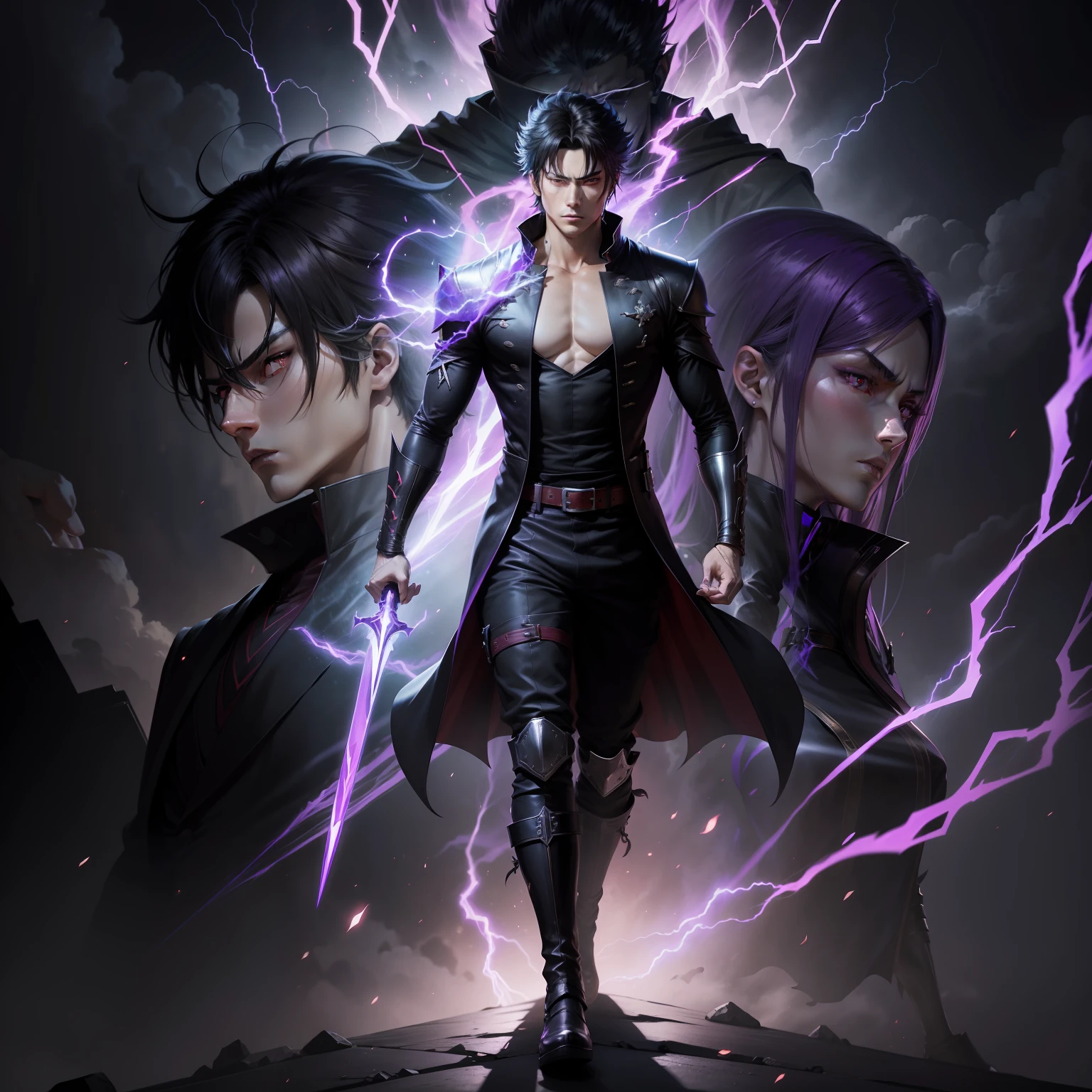 epic anime style, purple lightning, evil aura, 20 year old dark male mage, glowing black aura, shadow overseer, evil male witch, brilliant and epic. anime, full body scene of a man with lightning in his hand and a dagger in his hand, an epic anime about a purple energy man, in a battle stance with dark hair and glowing eyes looking at the viewer, tall anime guy with red eyes, fierce Gapmoe Yandere, menacing look, gintama's Hijikata Toushirou, nobutmura fighting anime style, inspired by Oku anime, raging anime inspired by Oku behind him. Highest image quality 8K, details everything 8K.