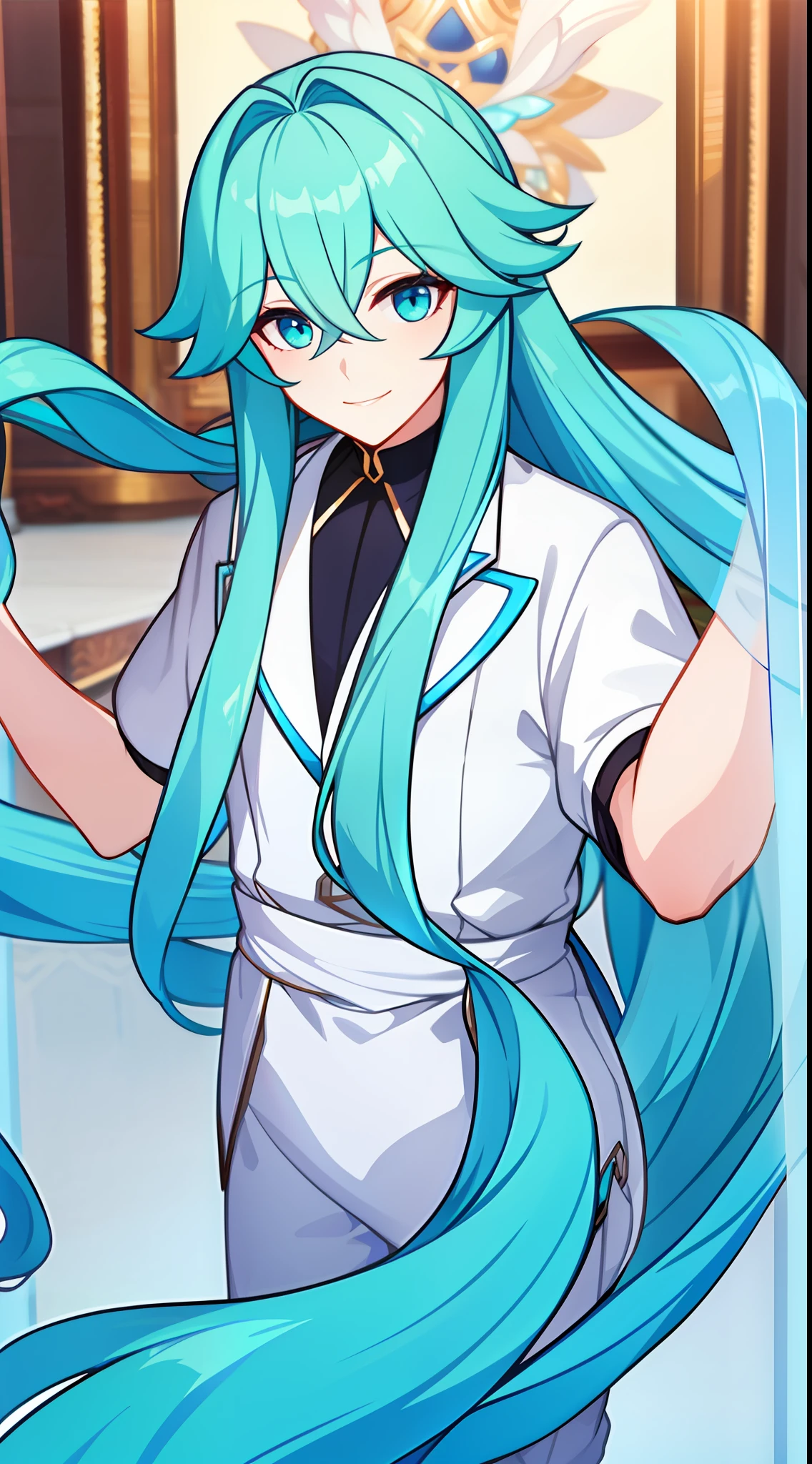 young boy, Long aquamarine hair, Cyan eyes, The artist's white clothes, Smile, Masterpiece, hiquality