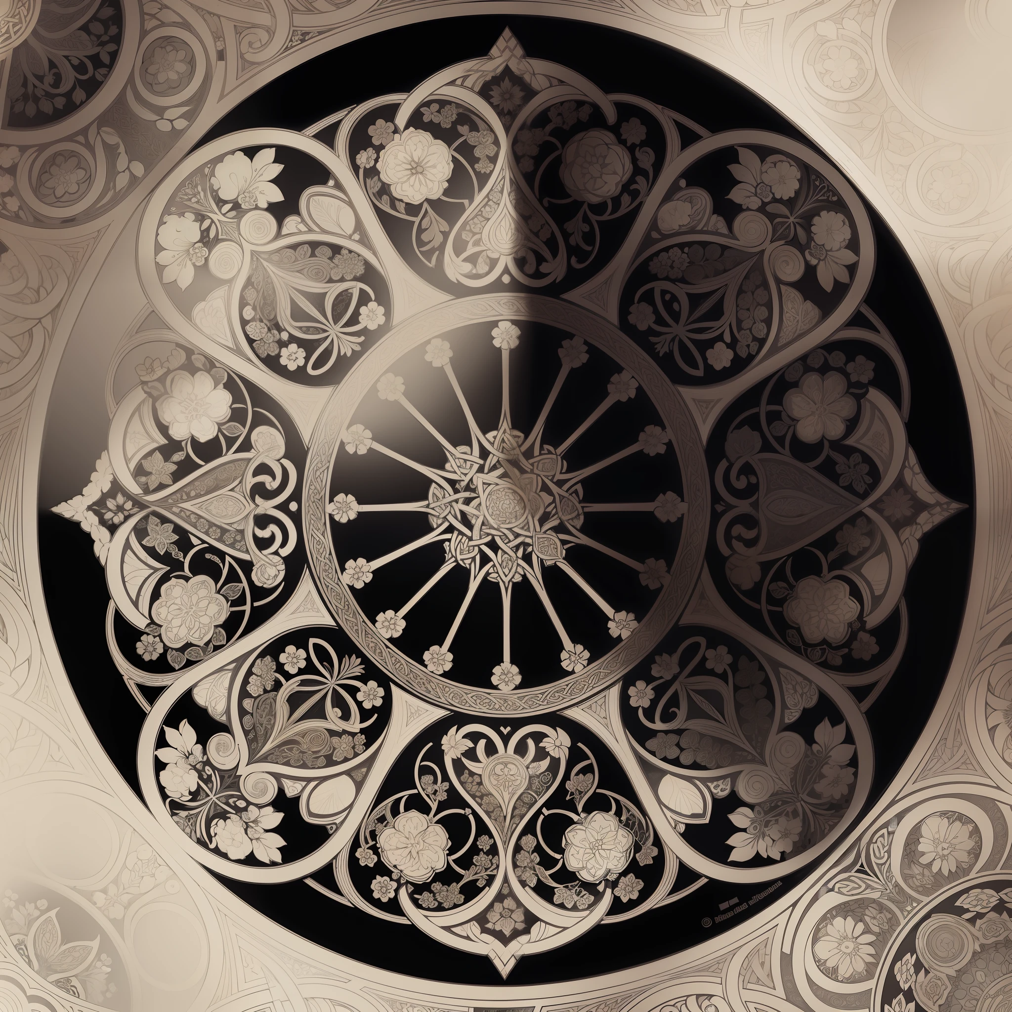 Highly datailed floral patterns, high detail celtic style knots like branches in mucha style illustration pattern in black and white, 4k design adobe illustrator