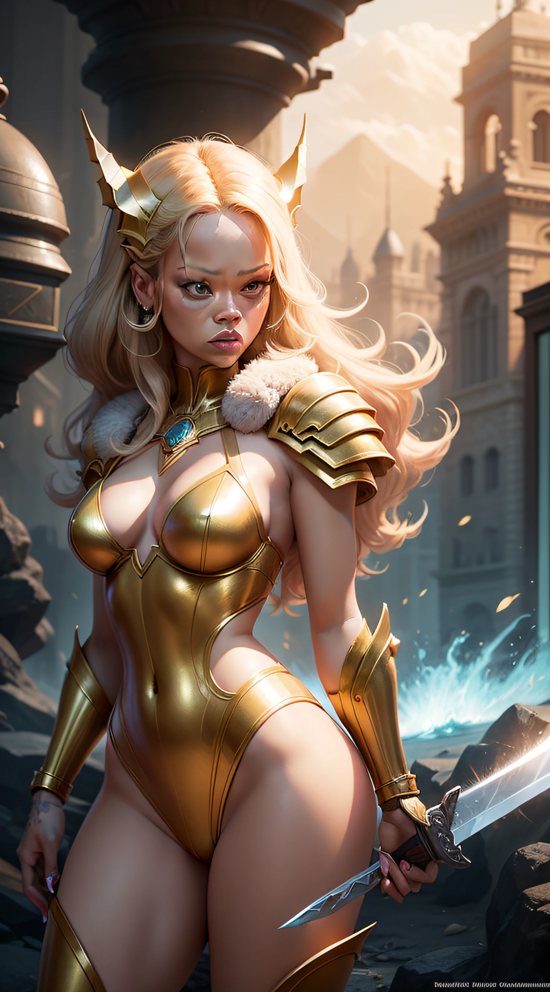 Rihanna as the cartoon character SHE RA,golden armor,sword,land of eternia,