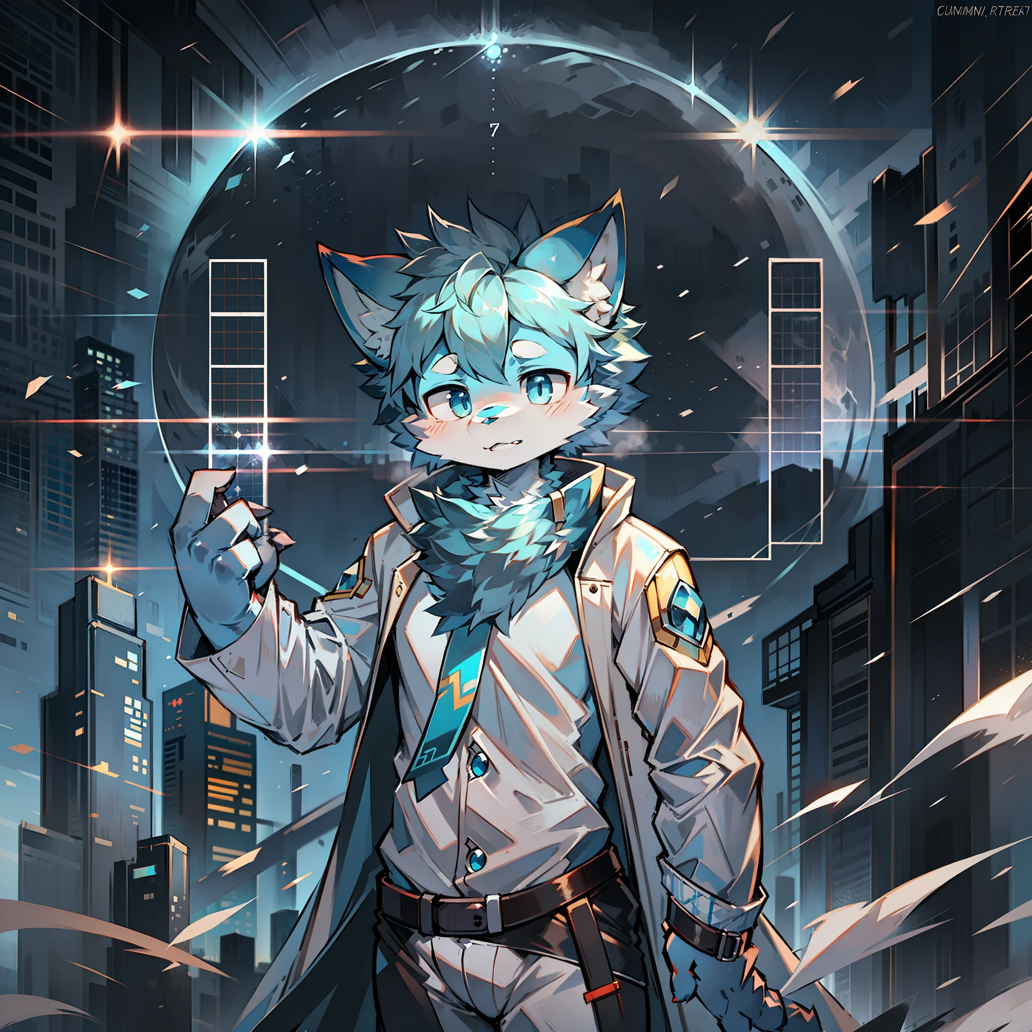 Cybermetropolis,Thunder,drifting snow,Male blue cat,Chinese trench coat,Quantum ghost,firmament,shoun,Single figure graph
