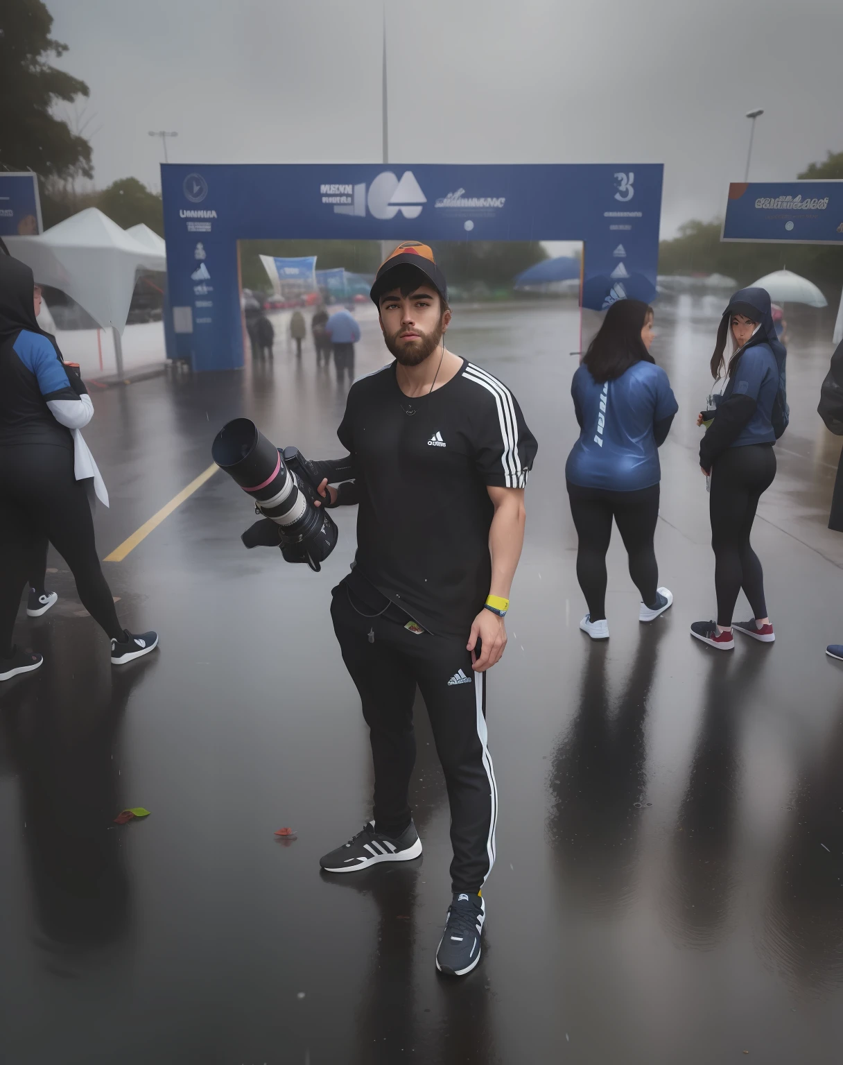 Ultra realistic man standing in the rain with a camera, rosto semelhante a foto original, Foto Disney 8K, foto 8k, foto 8k, um traje de treino da adidas, foto jornalista, Foto selfie 8k, Standing in the rain, usando roupas adidas, In the rain, sneaker photo, shot onfilm, fotografia, Beautiful, Realistic coloring, anime, NSFW, illustration, Cartoon, fantasia, Retrato