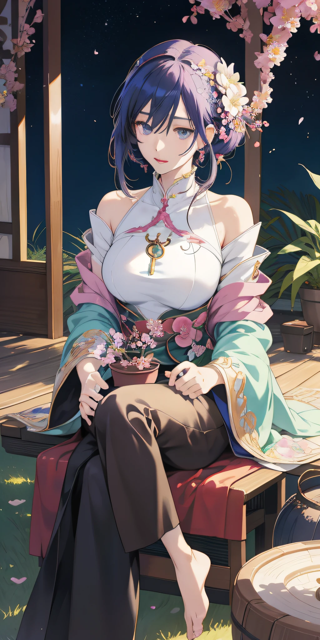 Anime girl sitting on chair with flower pot in hand, cute anime huaifu in beautiful clothes, beautiful and seductive anime woman, epic light novel art cover, 8k high quality detail art, epic light novel cover art, beautiful anime girl, beautiful anime woman, detailed key anime art, seductive anime girl, anime goddess, beautiful fantasy anime, 4K