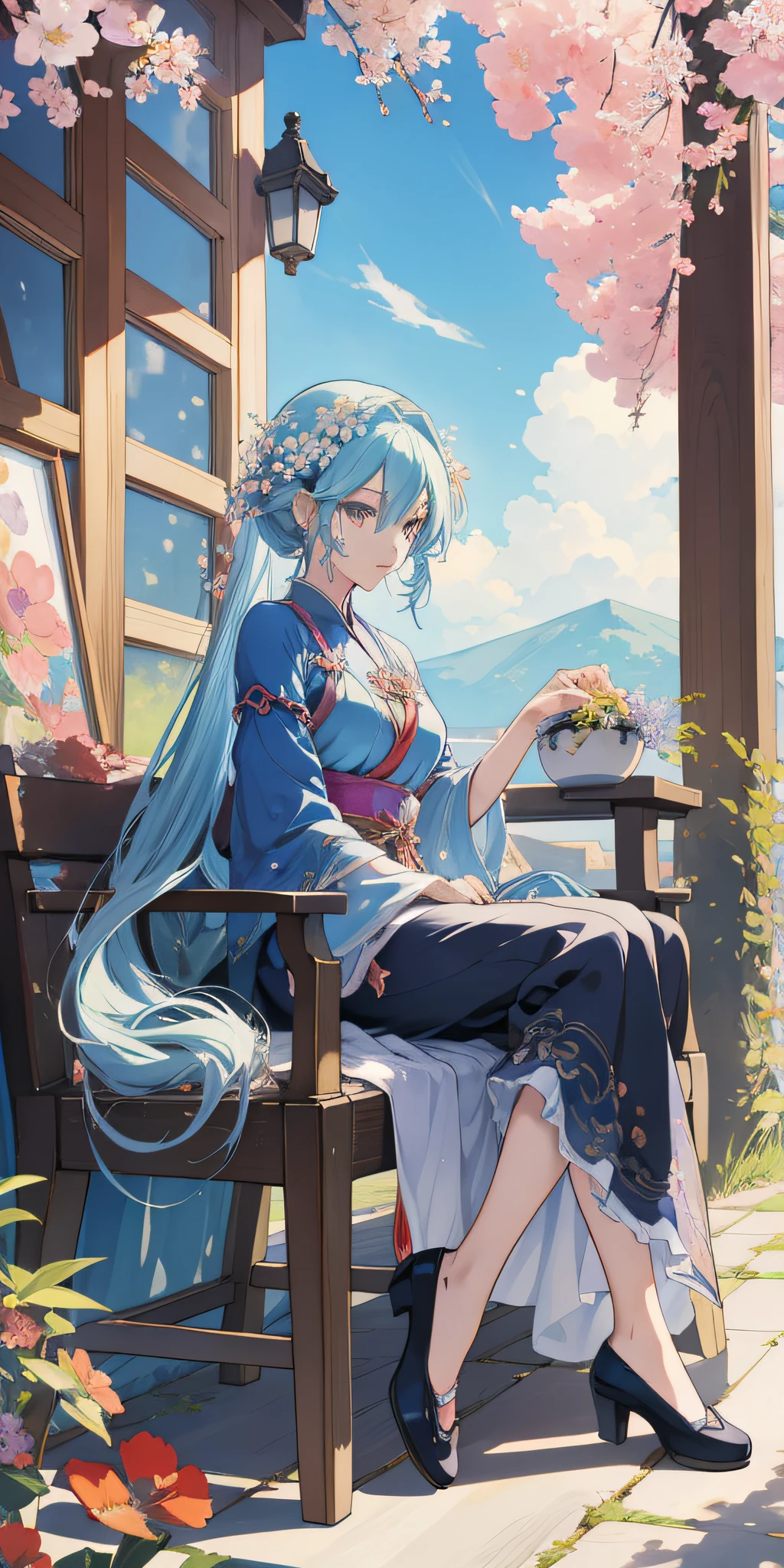 Anime girl sitting on chair with flower pot in hand, cute anime huaifu in beautiful clothes, beautiful and seductive anime woman, epic light novel art cover, 8k high quality detail art, epic light novel cover art, beautiful anime girl, beautiful anime woman, detailed key anime art, seductive anime girl, anime goddess, beautiful fantasy anime, 4K