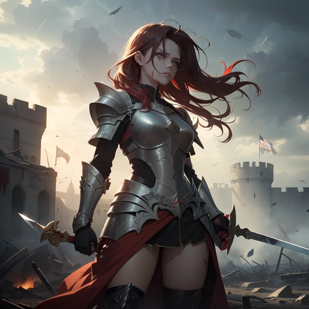 (masterpiece, high resolution, photorealistic:1.3), (fierce warrior woman:1.2) with (red flowing hair:1.2), (intense sapphire eyes:1.2), and (fair porcelain skin:1.1), adorned in (ornate armor:1.2) with intricate engravings, (battle-worn sword:1.1) gripped firmly in her hand, (medieval battlefield:1.2) strewn with fallen soldiers and debris, (smoke and dust:1.1) filling the air, (rays of sunlight:1.2) piercing through the chaos, (determination:1.1) etched on her face, (battle scars:1.2) telling tales of past victories, (fierce expression:1.1) as she gazes into the distance, (blood-stained ground:1.2) beneath her feet, (tattered flag:1.1) fluttering in the wind, (ruined castle:1.2) in the background, (ominous storm clouds:1.1) gathering overhead, (war cries:1.2) echoing through the air, (powerful stance:1.1) radiating strength and courage, (capturing the essence of her indomitable spirit:1.2).