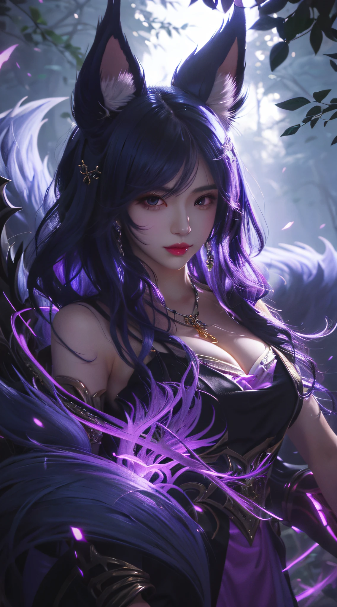 Anime girl with horns and purple dress in woods, beast ear,cleavage,portrait of ahri, ahri, Extremely detailed Artgerm, artgerm detailed, ahri from league of legend, Detailed digital anime art, Art germ on ArtStation Pixiv, Art germ. High detail, Style Artgerm, seraphine ahri kda