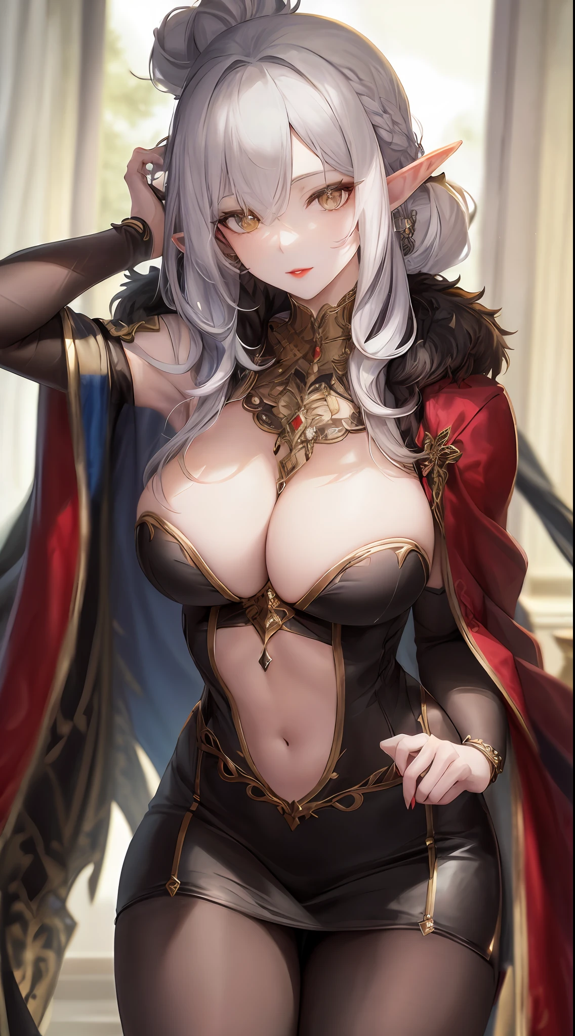 1 Elf Queen,pencil skirts,Mature lady, Redlip,fur,Elf long ears, Extremely detailed,Silver hair, Colored hair,Comb your hair in a bun,view the viewer(Masterpiece, Best quality:1.2)