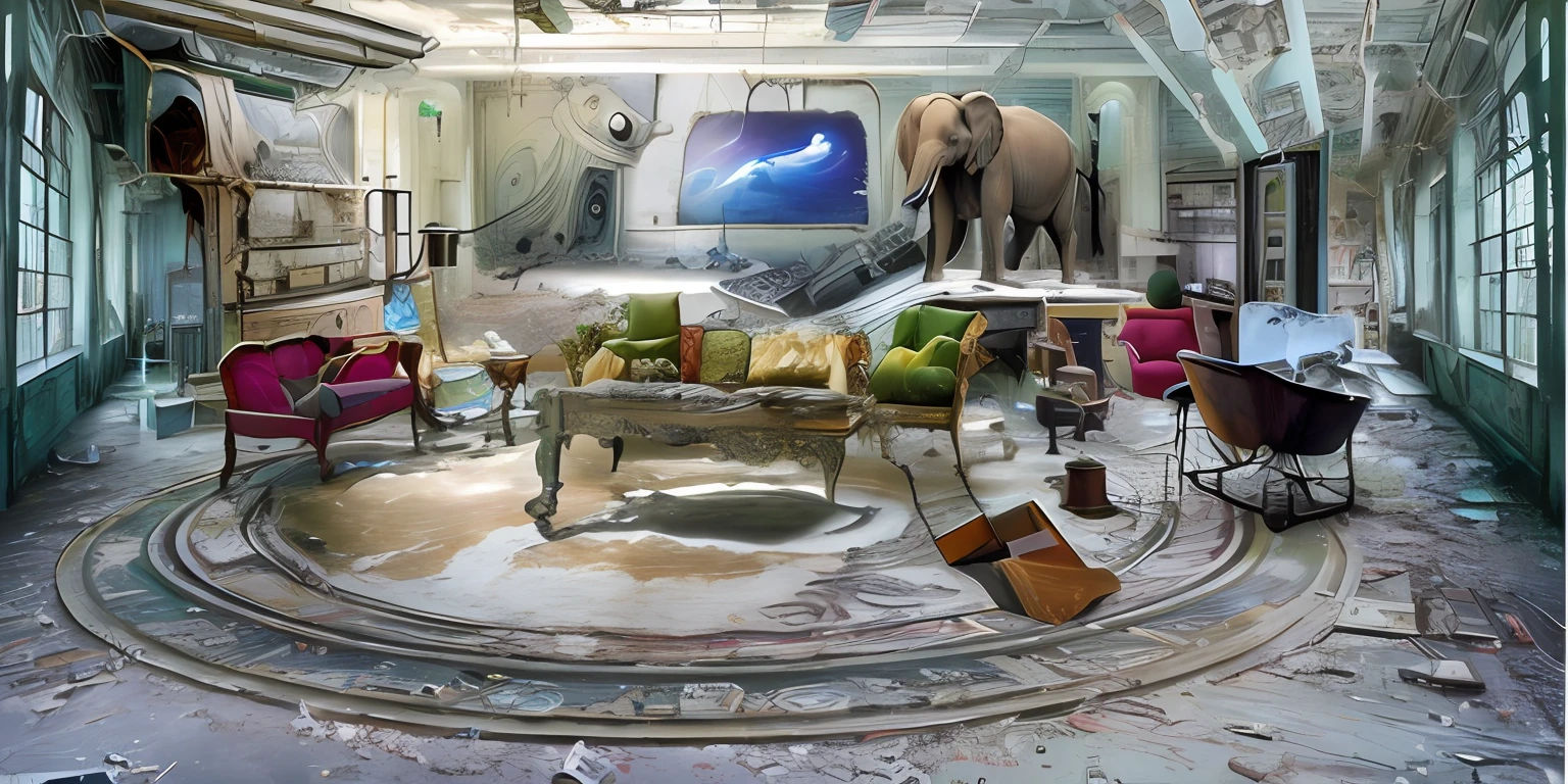 There is a room with lots of furniture and an elephant in the background, elefante na sala, inspirado em Rube Goldberg, colagem surreal, inspirado em Wolf Vostell, magic realism matte painting, cena surreal, photomanipulation, Dreams invading mundane spaces, circo abandonado, pintura fosca surreal, retrofuturist liminal space, surreal composition
