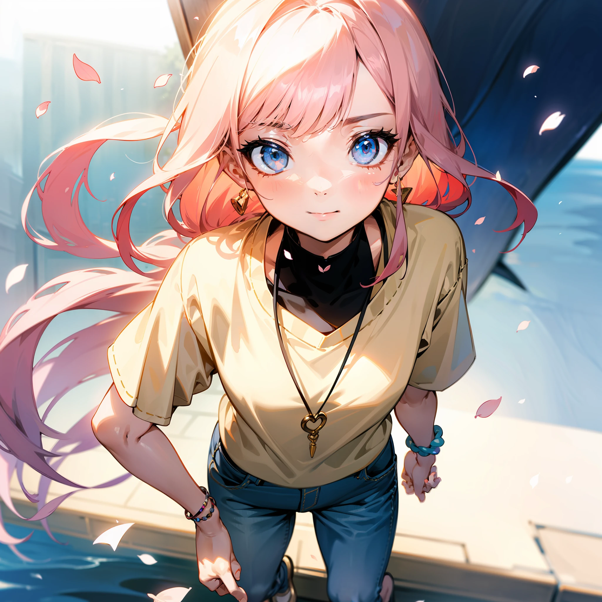 (Extreme Detail CG Unity 8K Wallpapers,tmasterpiece,Highest image quality),(Delicate light and shadow,The picture is highly dramatic,Cinematic lens effect),The familiar tsundere childhood sweetheart next door、She has a beautiful and delicate face,Good looks,Delicate facial features。Big eyes of the water spirit、long eyebrow、Long colored hair、with fair and smooth skin、healthy, Youthful tone、Sweet smiling、Wear a comfortable shirt、Knitwear or T-shirts,Wear yours with jeans、Short skirts or long pants、Clothing colors favor soft and warm colors,For example, Light pink、pale-blue、Beige, etc,Wear small, delicate accessories,For example, Thin chain necklace、Small earrings or simple bracelets,Wear comfortable and stylish shoes,Love flats、Small white shoes、Chips where petals fall、a sense of atmosphere、中景 the scene is、full bodyesbian