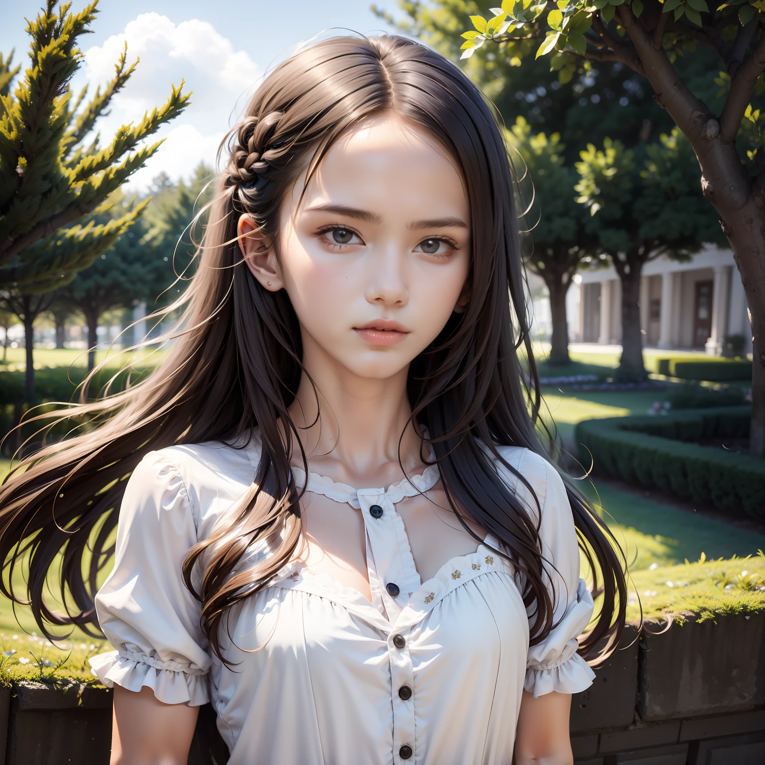 A girl,18yr old,realisticlying,Silk dress, Realistis,In the garden,Floating hair, Detailed face